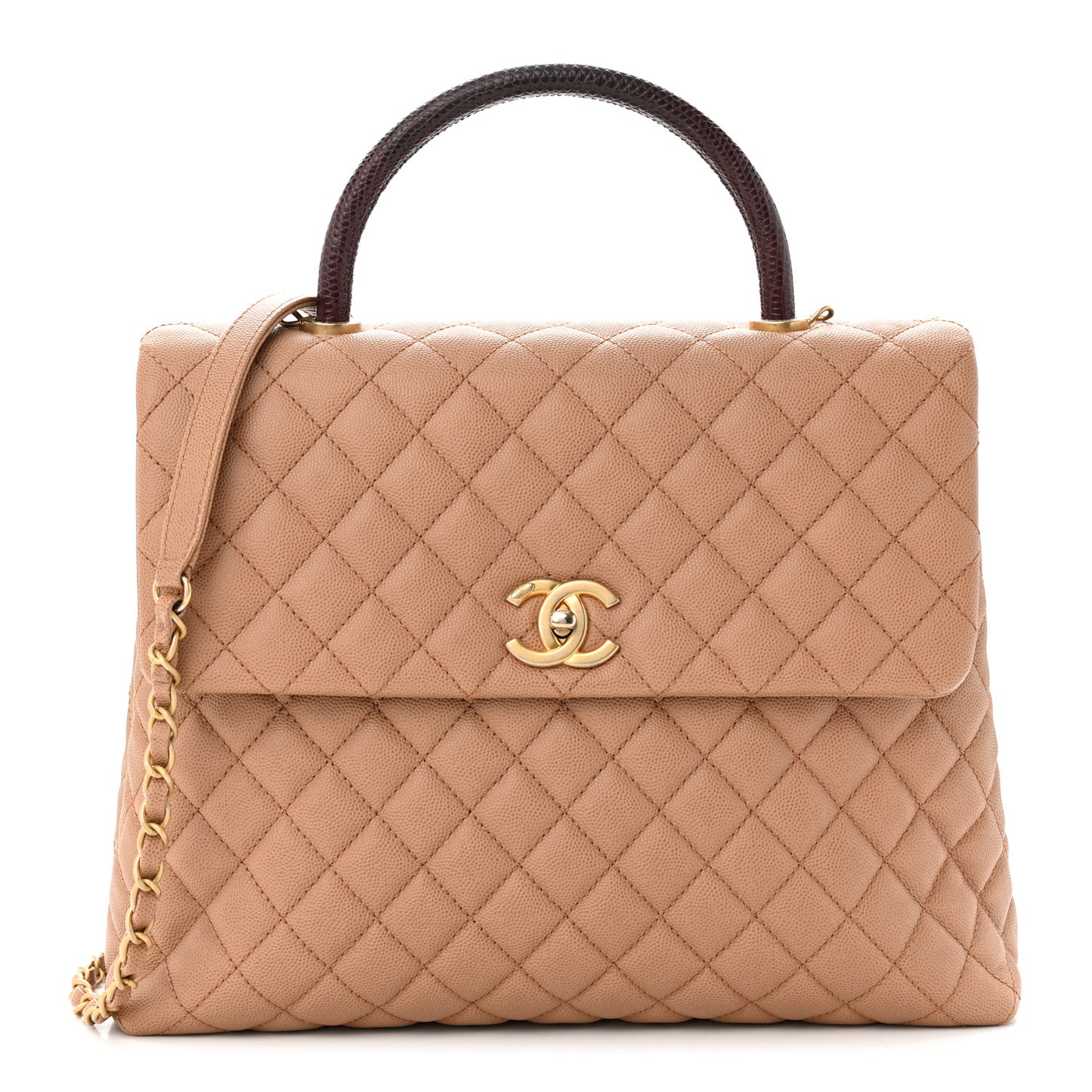Caviar Lizard Quilted Large Coco Handle Flap Beige