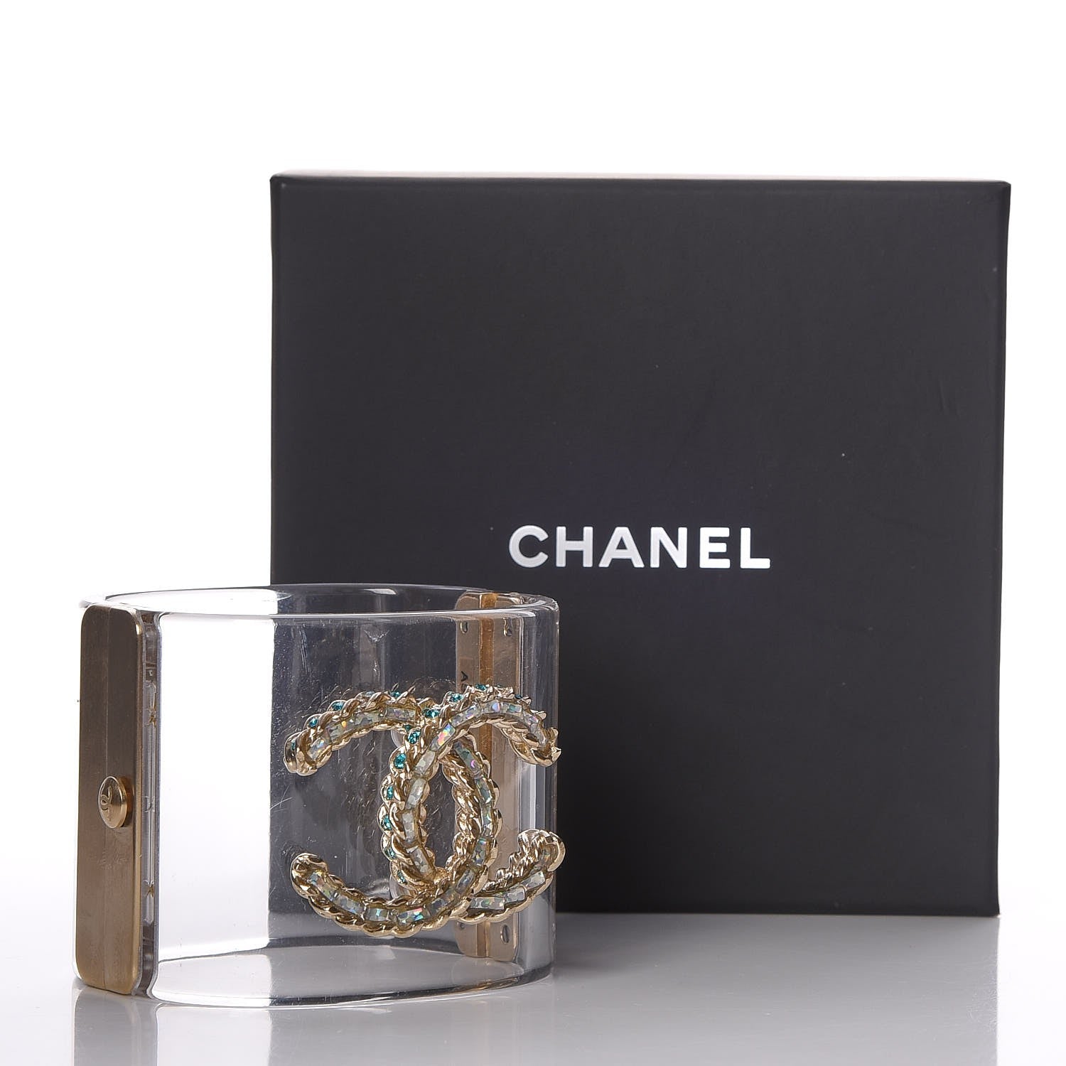 Chanel Lucite Mother of Pearl Crystal CC Cuff Transparent 5 of 5