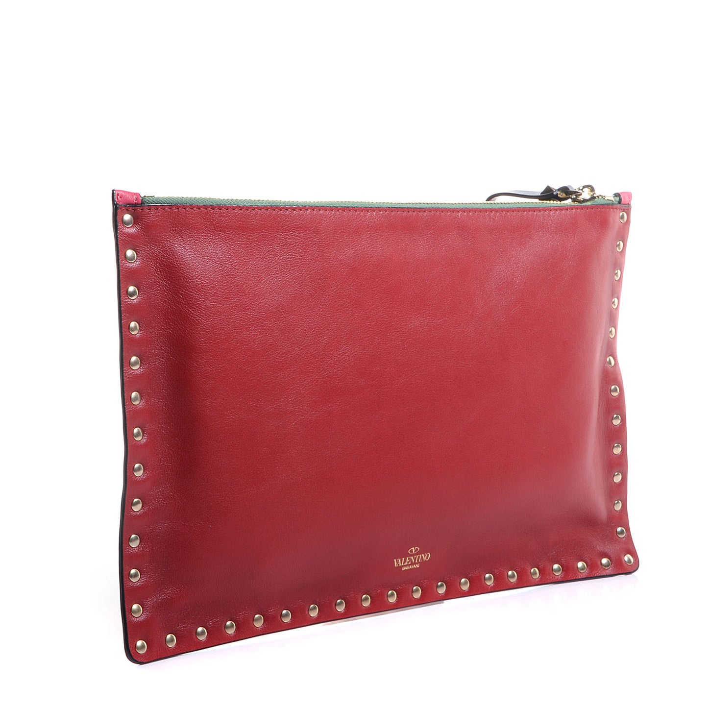Vitello Colorblock Large Rockstud Zip Pouch Deep Rose Scarlet