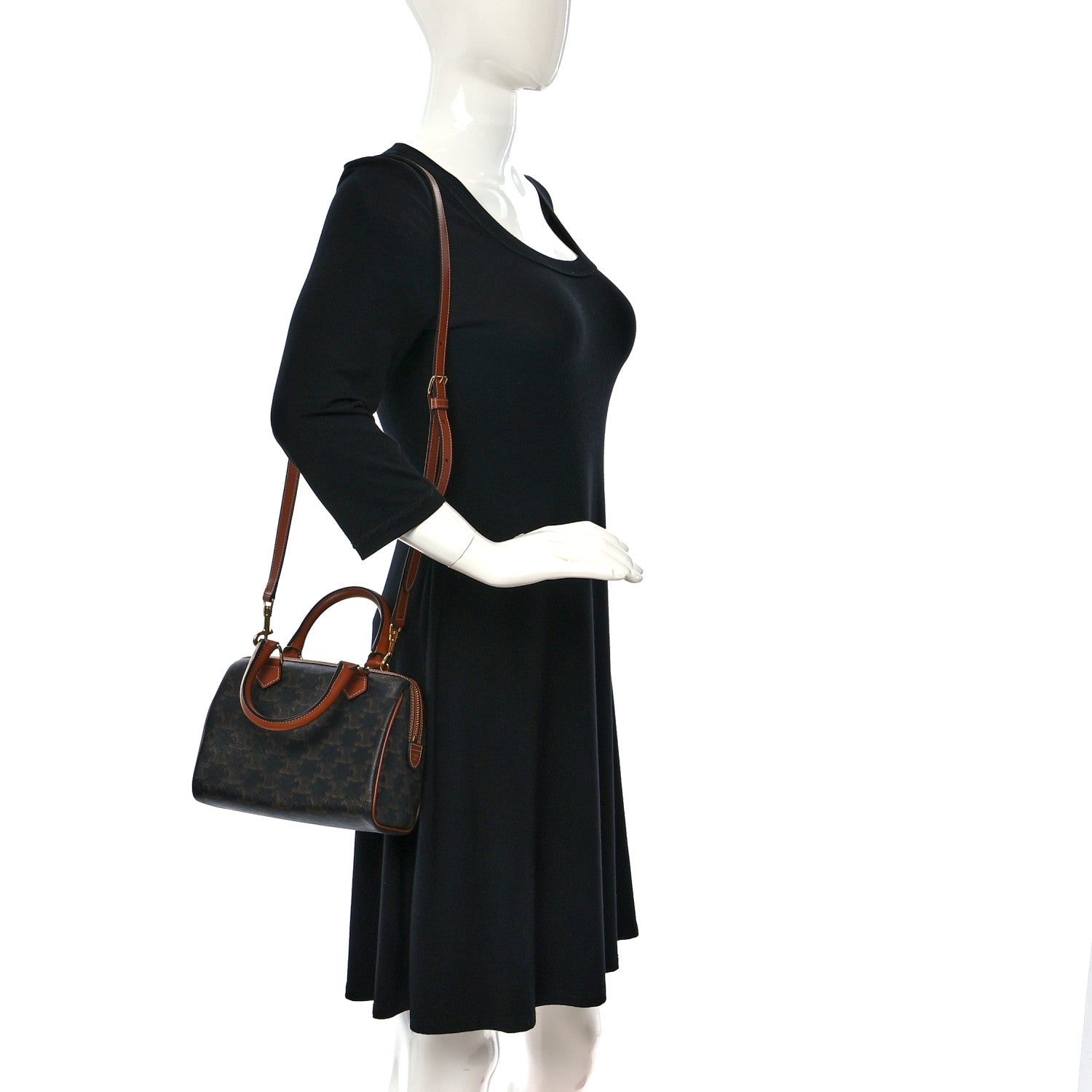 Celine Triomphe Canvas Calfskin Small Boston Bag Tan 2 of 10