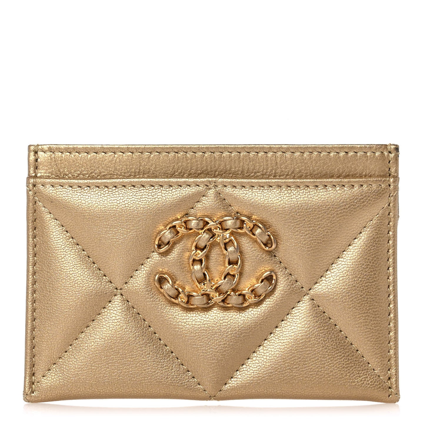 Metallic Lambskin Quilted Chanel 19 Card Holder Gold