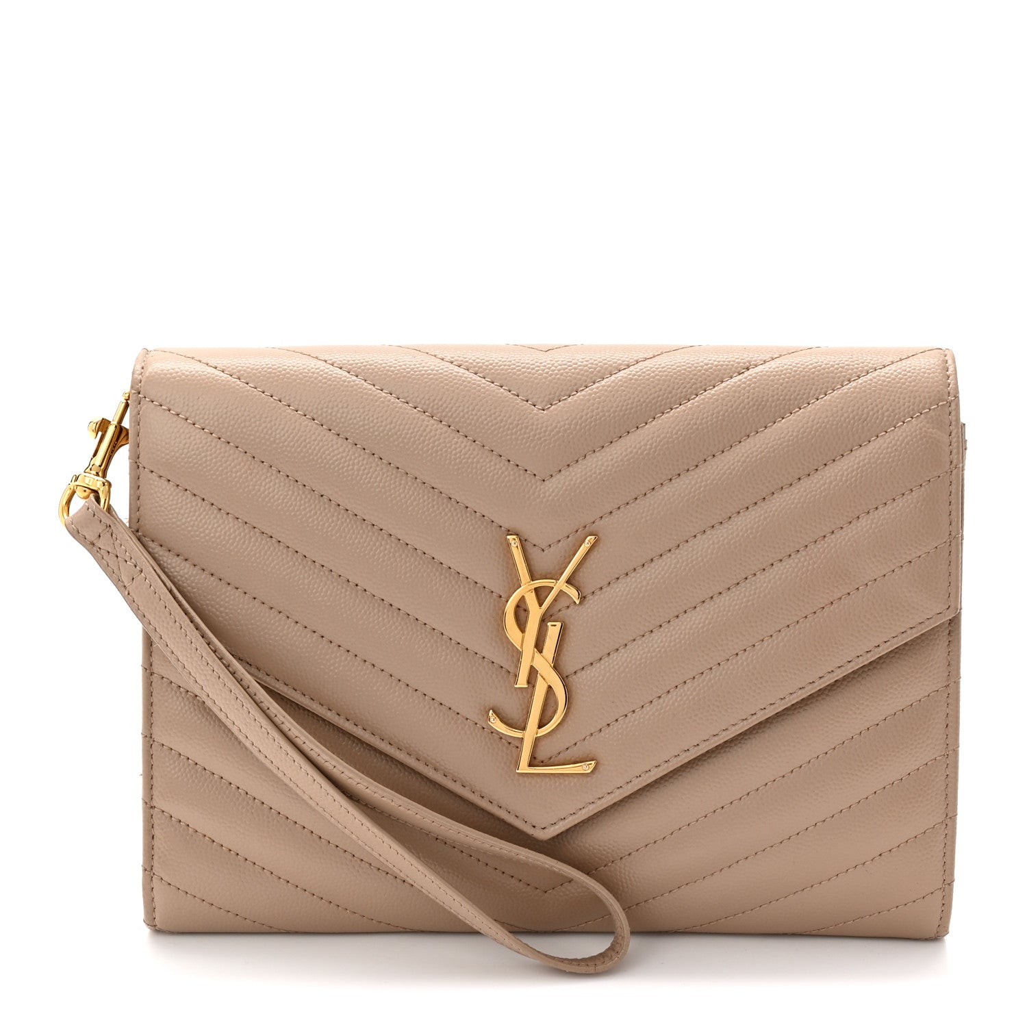Saint Laurent Grain De Poudre Matelasse Chevron Monogram Envelope Clutch Dark Beige 1 of 11