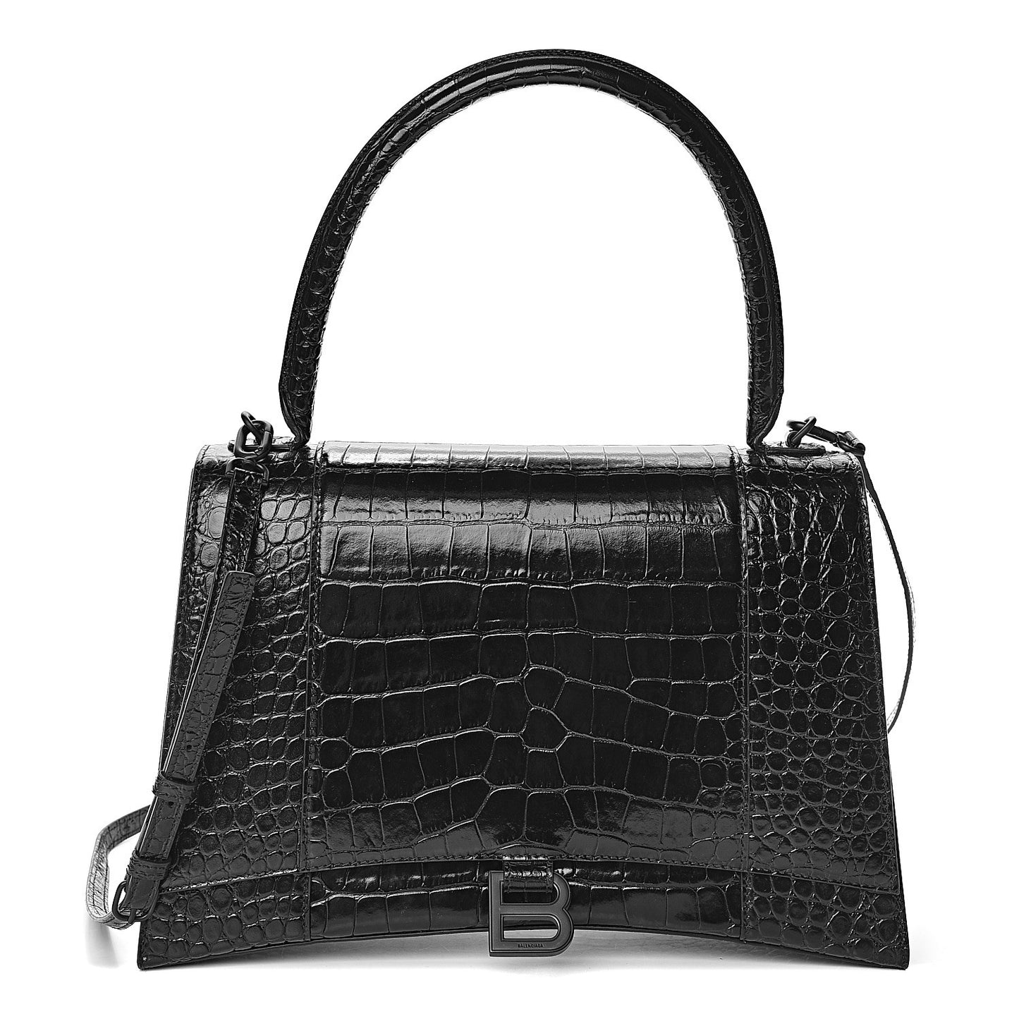 Shiny Calfskin Monochrome Crocodile Embossed Medium Hourglass Top Handle Bag Black