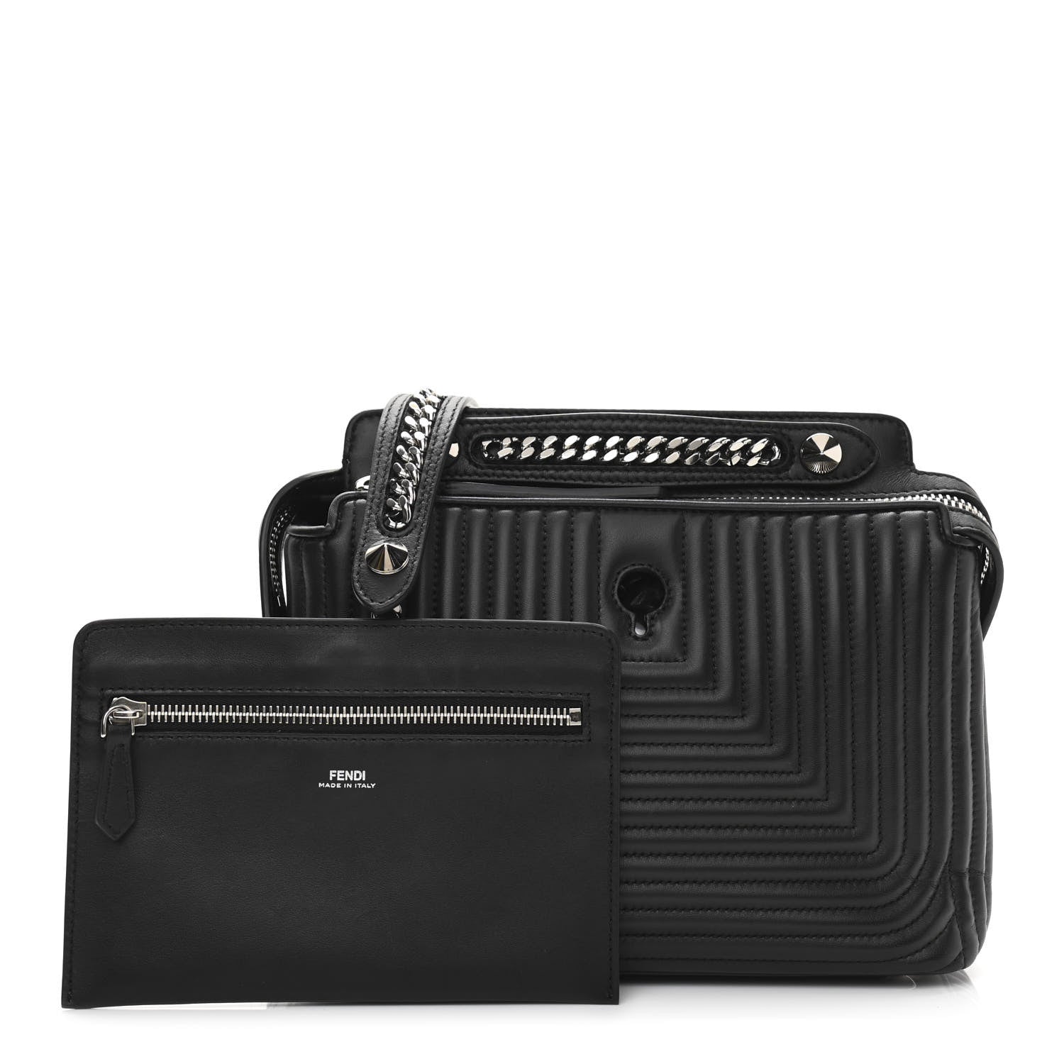 Fendi Shiny Nappa Trapuntata Chain Small DotCom Click Chain Satchel Black 2 of 14