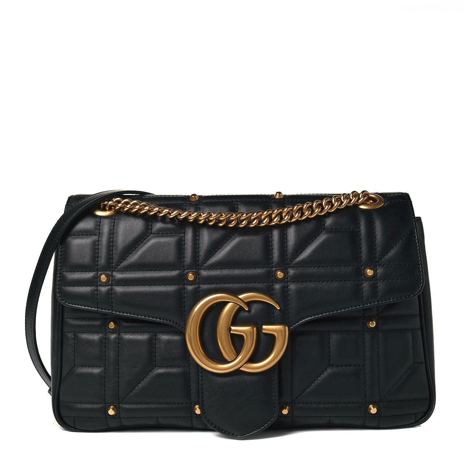 Gucci Calfskin Matelasse Studded Medium GG Marmont Shoulder Bag Black 1 of 9