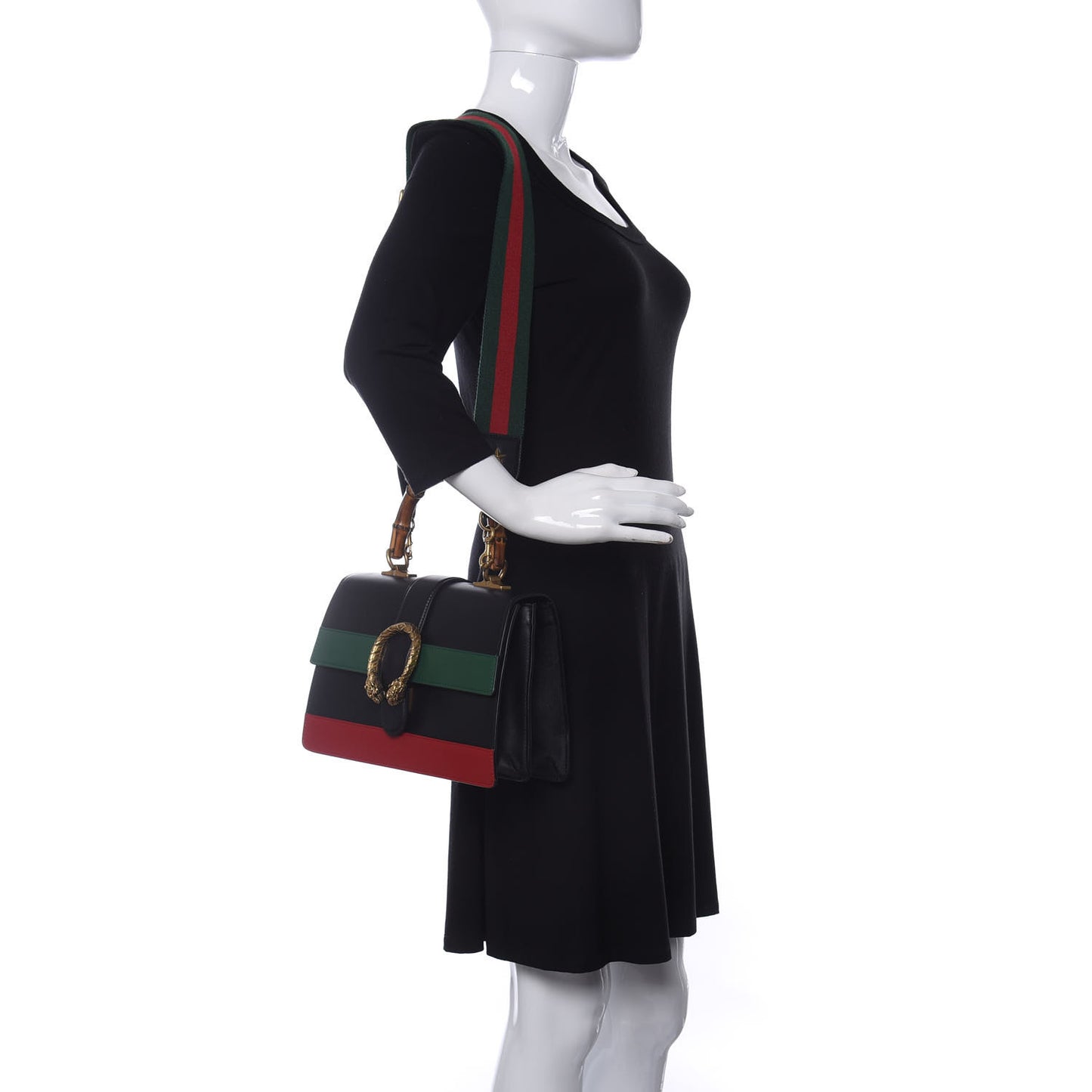 Moon Calfskin Web Medium Dionysus Bamboo Top Handle Bag Black Bright Evergreen Hibiscus Red
