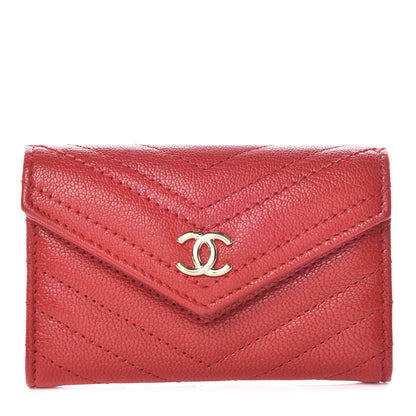 Chanel Shiny Goatskin Chevron Quilted Card Holder Wallet Red 1 of 10