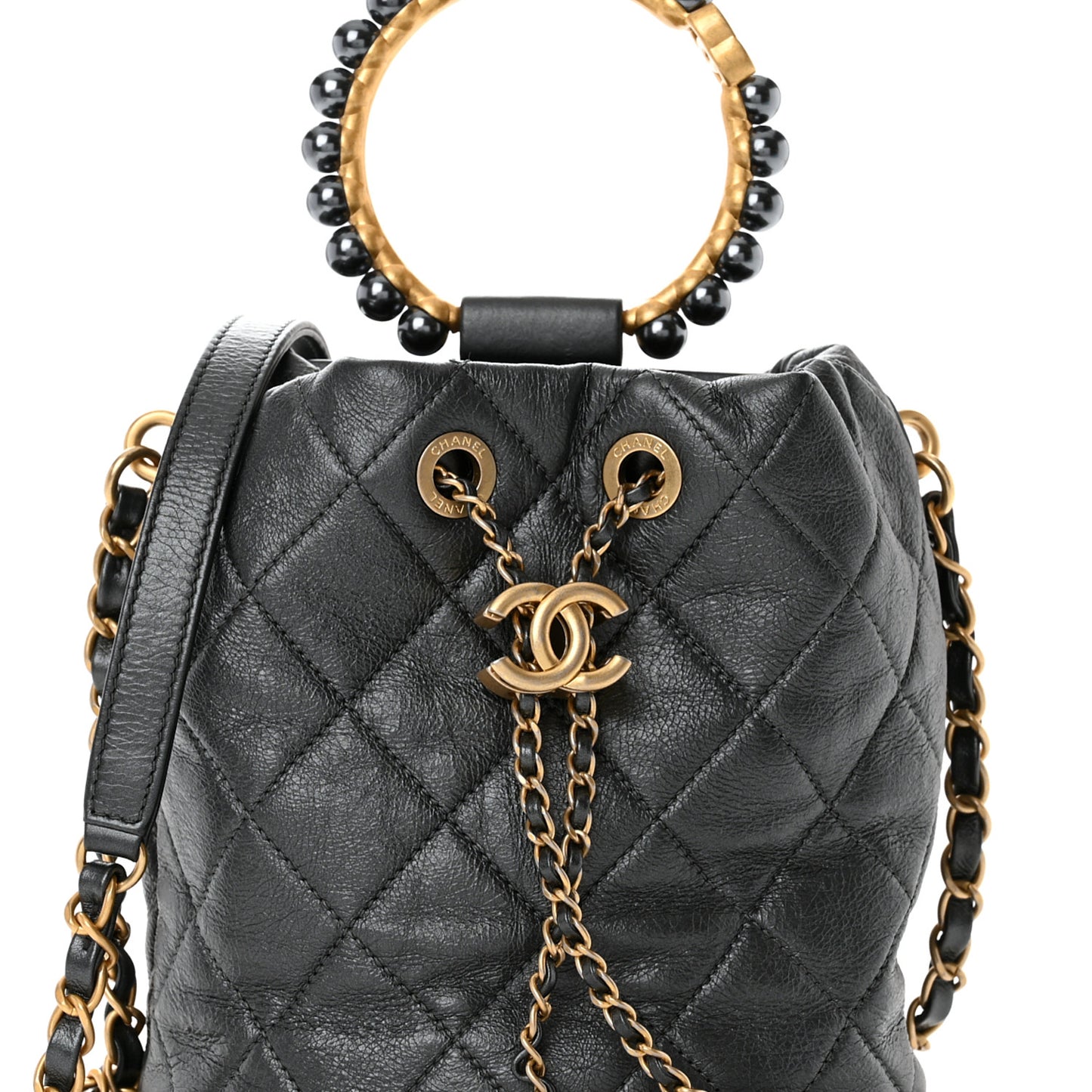 Metallic Lambskin Quilted Pearl Crown Drawstring Bag Anthracite
