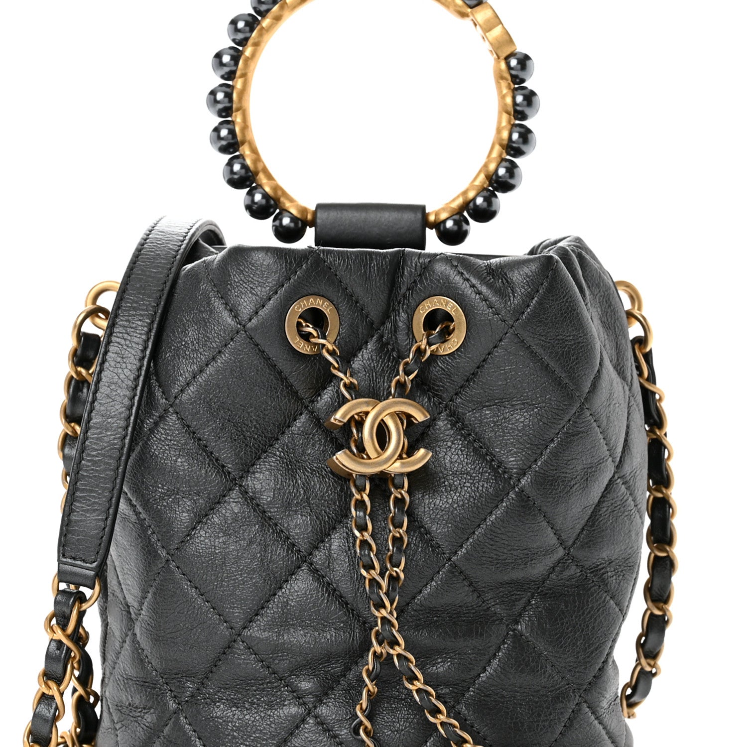 Chanel Metallic Lambskin Quilted Pearl Crown Drawstring Bag Anthracite 8 of 11