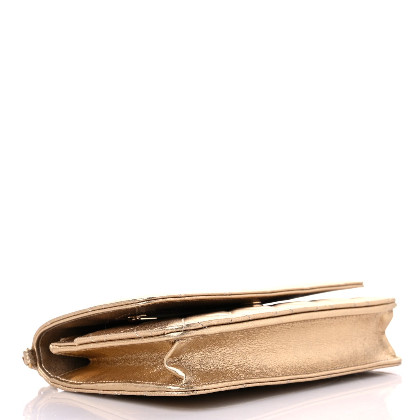 Metallic Lambskin Quilted Wallet On Chain WOC Gold