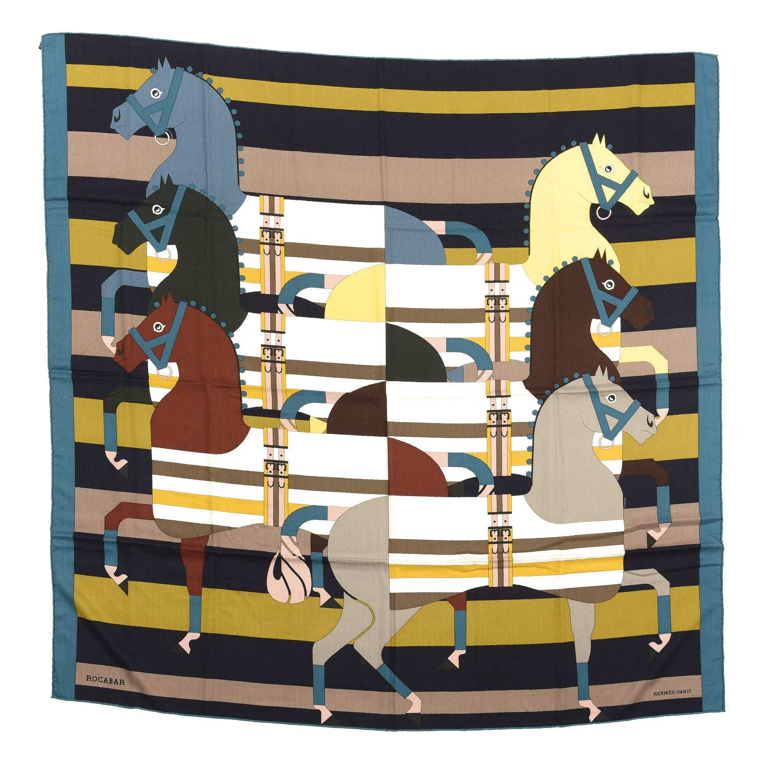 Hermes Cashmere Silk Rocabar Shawl 140 Bleu Canard Marine Jaune 1 of 3