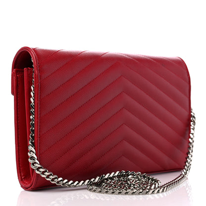 Saint Laurent Grain De Poudre Matelasse Chevron Monogram Chain Wallet Red 3 of 8
