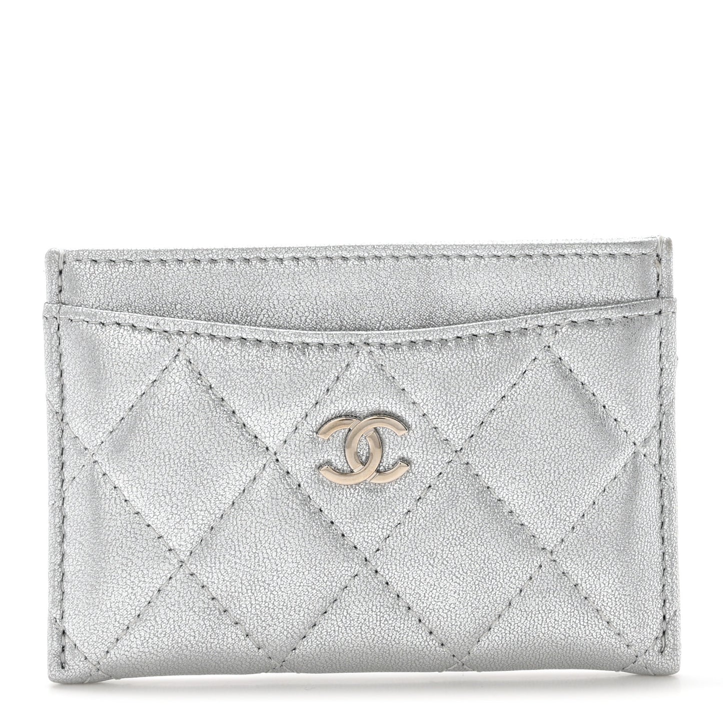 Metallic Lambskin Quilted CC Card Holder Silver