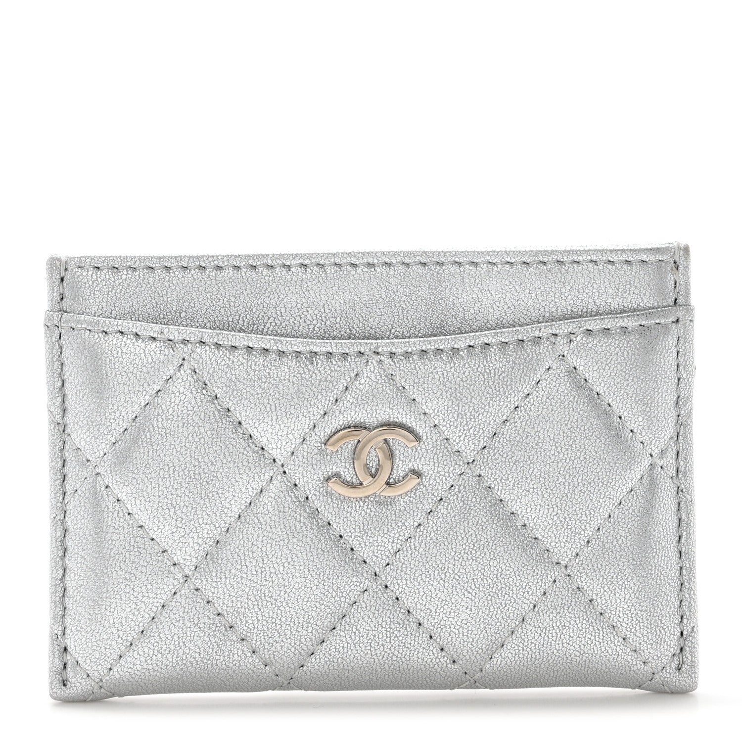Chanel Metallic Lambskin Quilted CC Card Holder Silver 1 of 8
