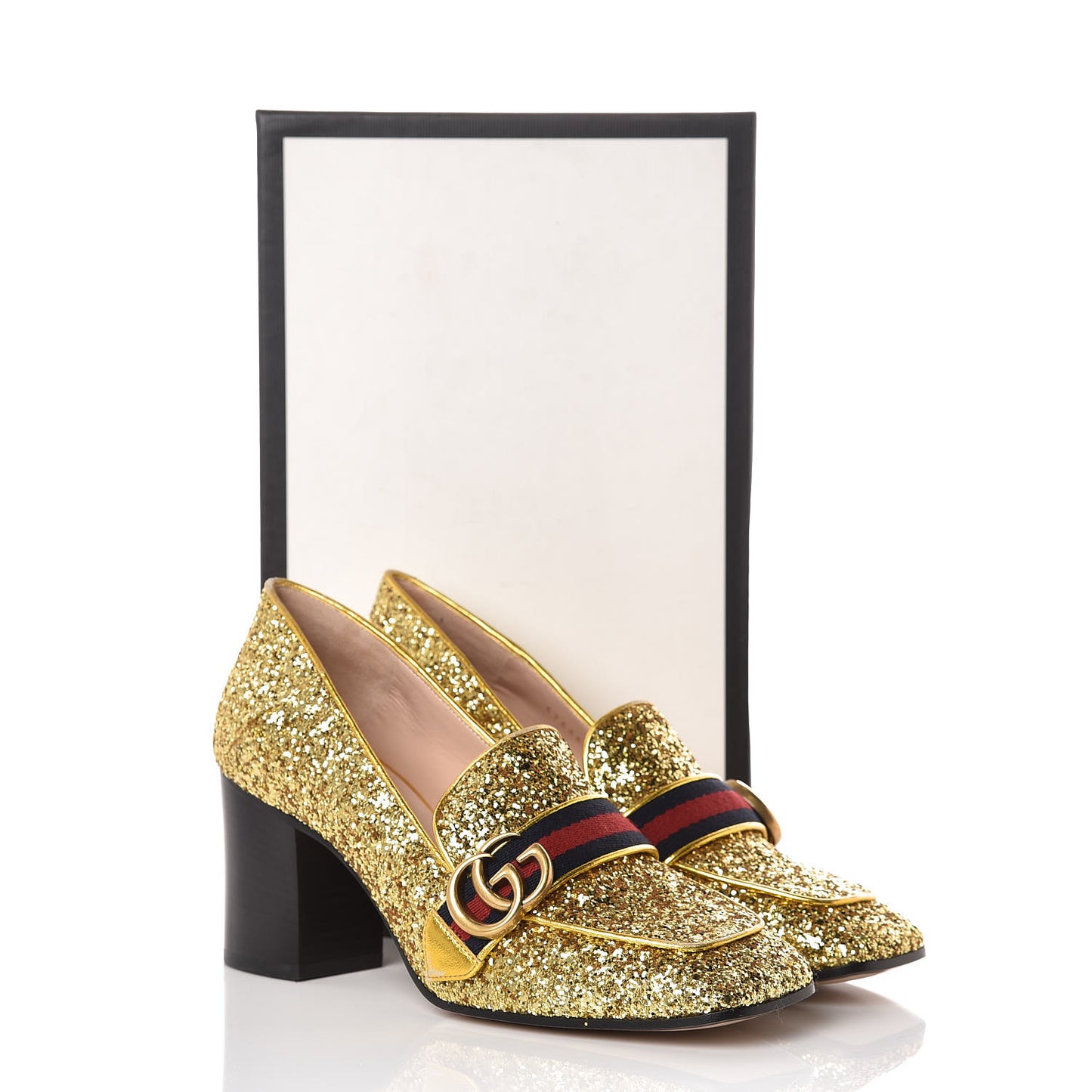 Glitter Nappa Web Peyton 75mm Loafer Pumps 39 Oro Vecchio