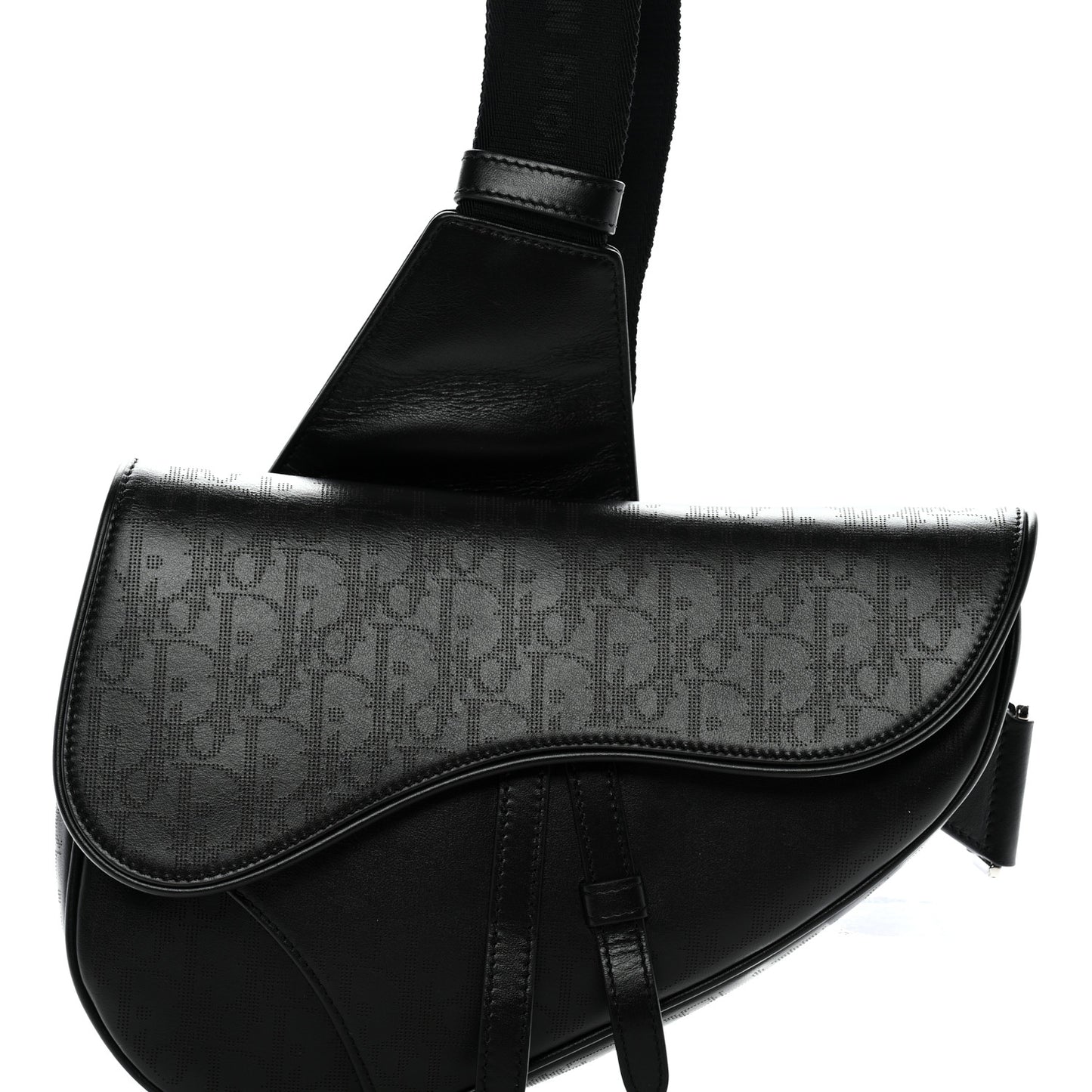 Calfskin Perforated Oblique Galaxy Mens Saddle Bag Black