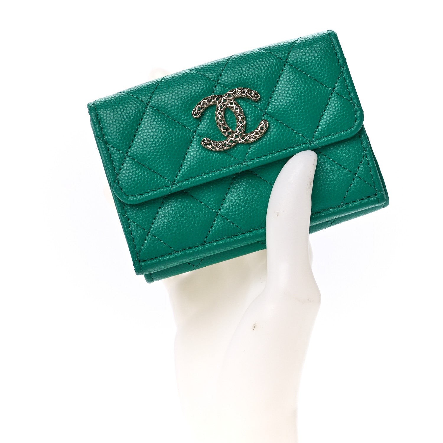 Chanel Caviar Metal Perforated Quilted Small CC Flap Wallet Green 2 of 15