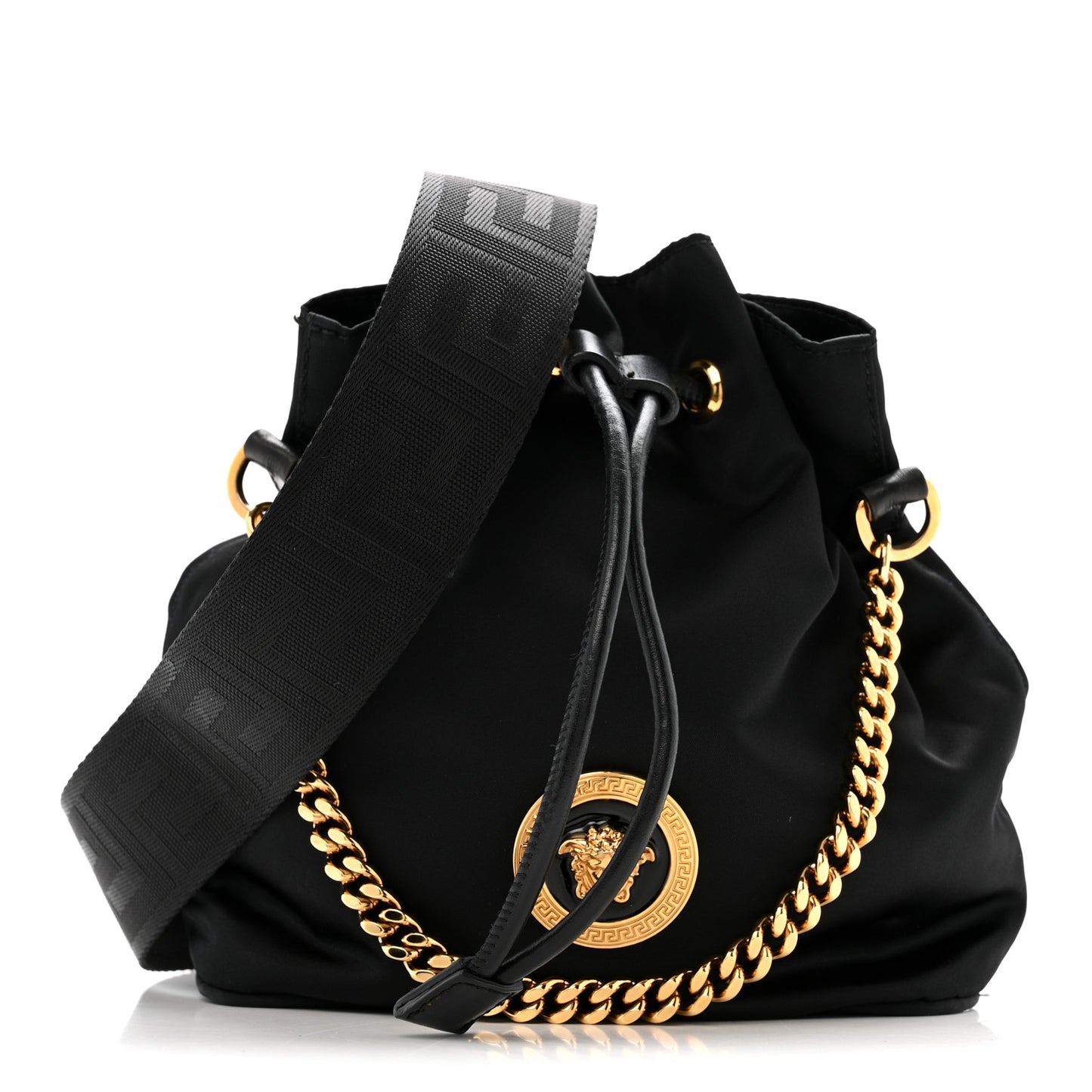 Nylon Medusa Drawstring Bucket Bag Black