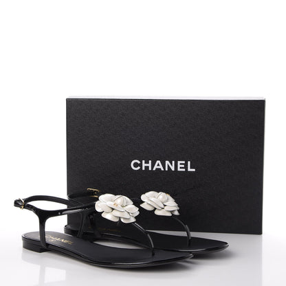 Chanel Patent Calfskin Camellia Thong Sandals 40 Black White 14 of 14