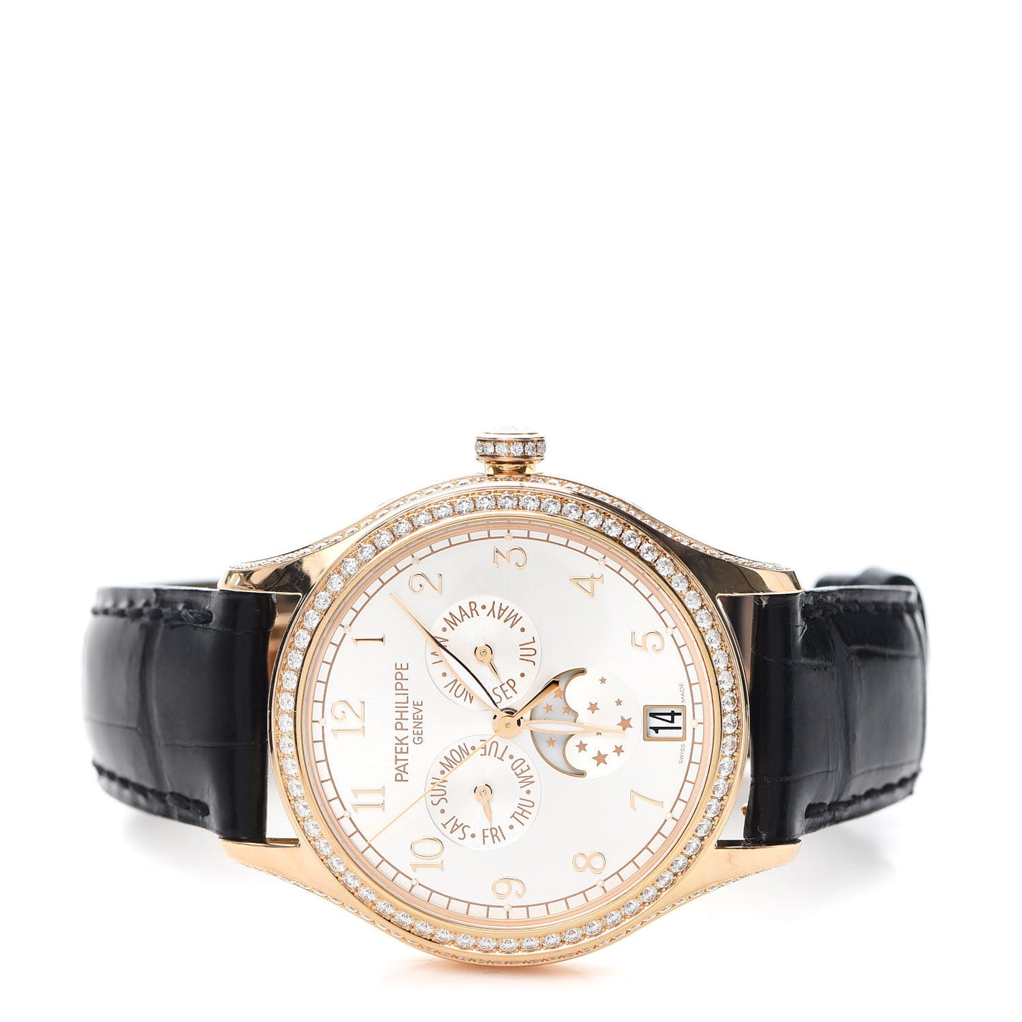 18K Rose Gold Alligator Diamond Bezel 38mm Annual Calendar Automatic Watch 4947R-001