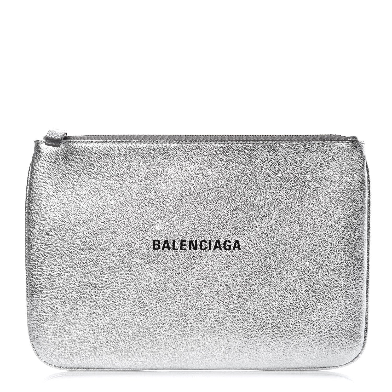 Balenciaga Metallic Goatskin Logo Large Everyday Zip Pouch Argent Black 1 of 7