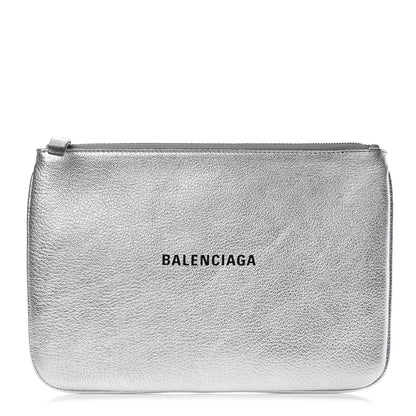 Balenciaga Metallic Goatskin Logo Large Everyday Zip Pouch Argent Black 1 of 7