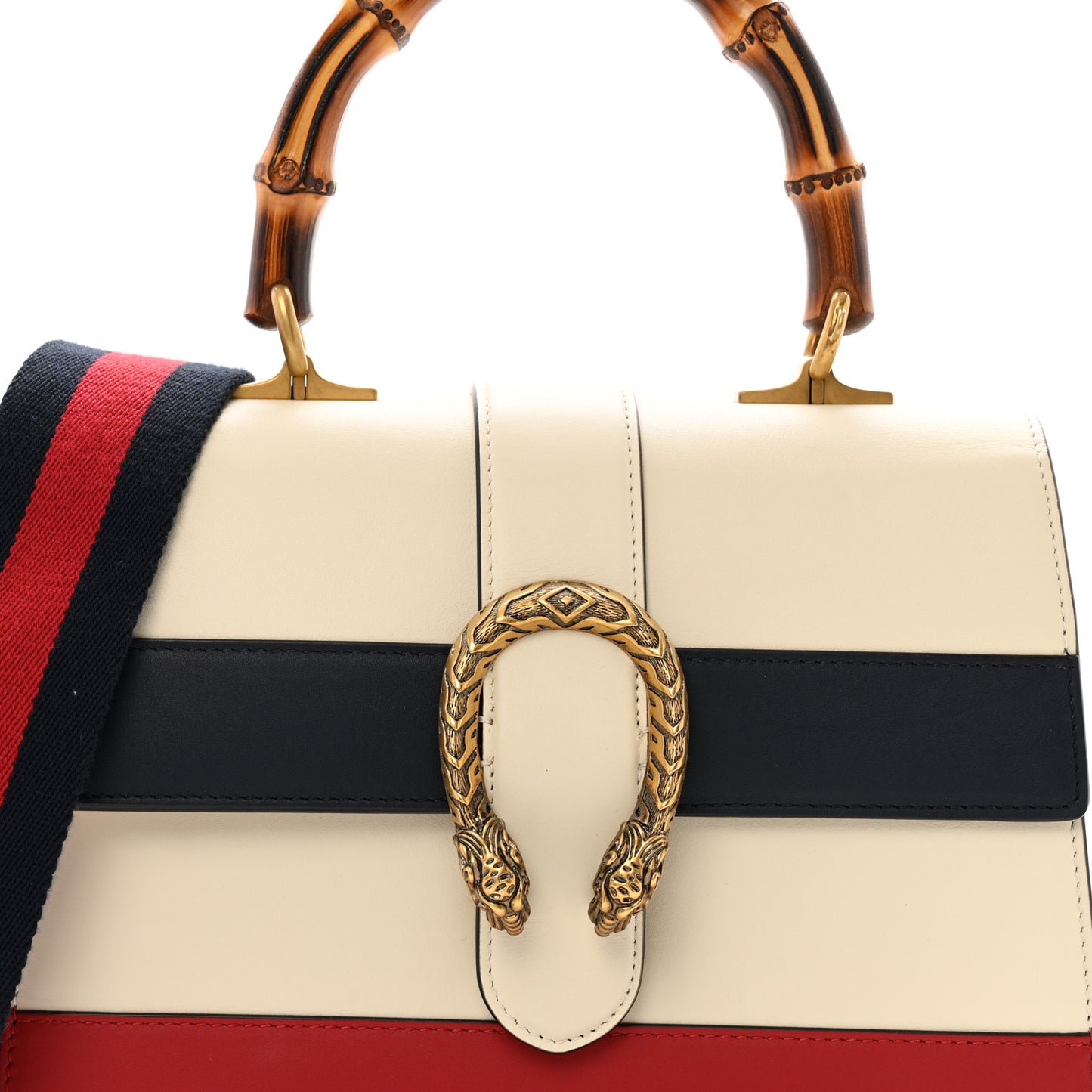 Calfskin Bamboo Web Medium Dionysus Top Handle Bag White Blue Hibiscus Red