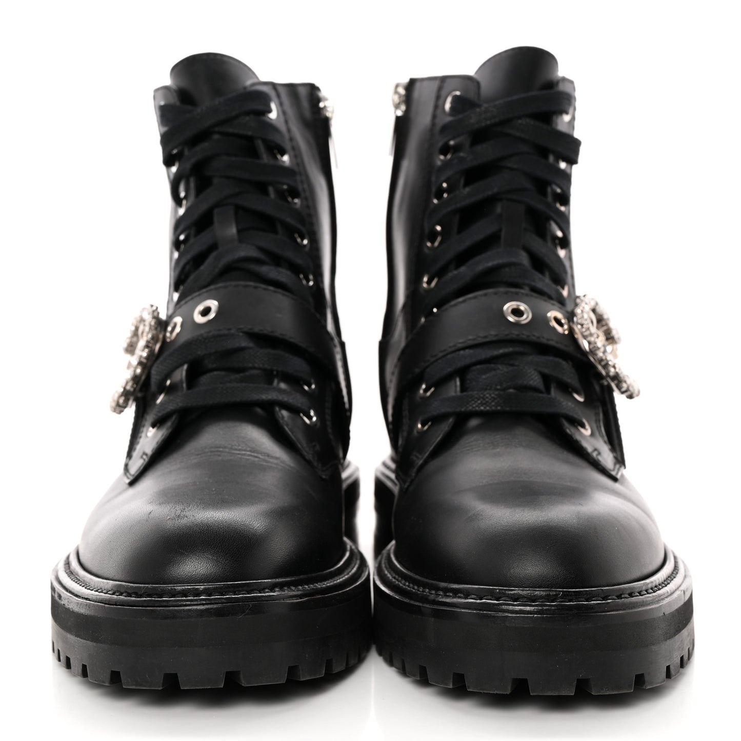 Calfskin Crystal Embellished Cora Flat Combat Boots 41 Black
