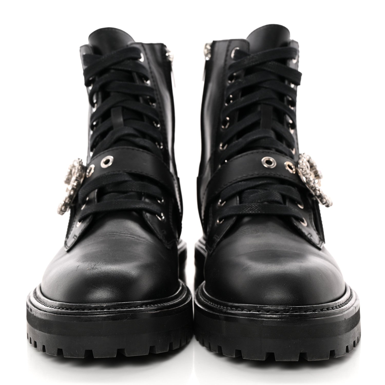 Jimmy Choo Calfskin Crystal Embellished Cora Flat Combat Boots 41 Black 2 of 12