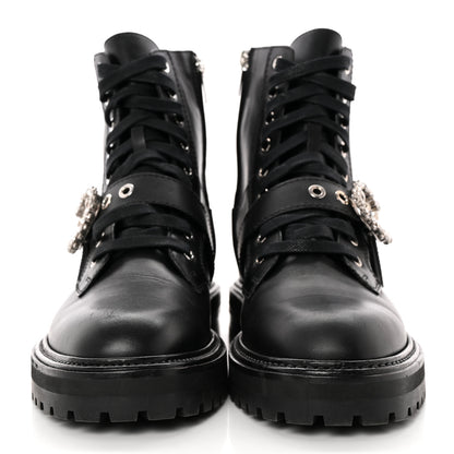 Jimmy Choo Calfskin Crystal Embellished Cora Flat Combat Boots 41 Black 2 of 12