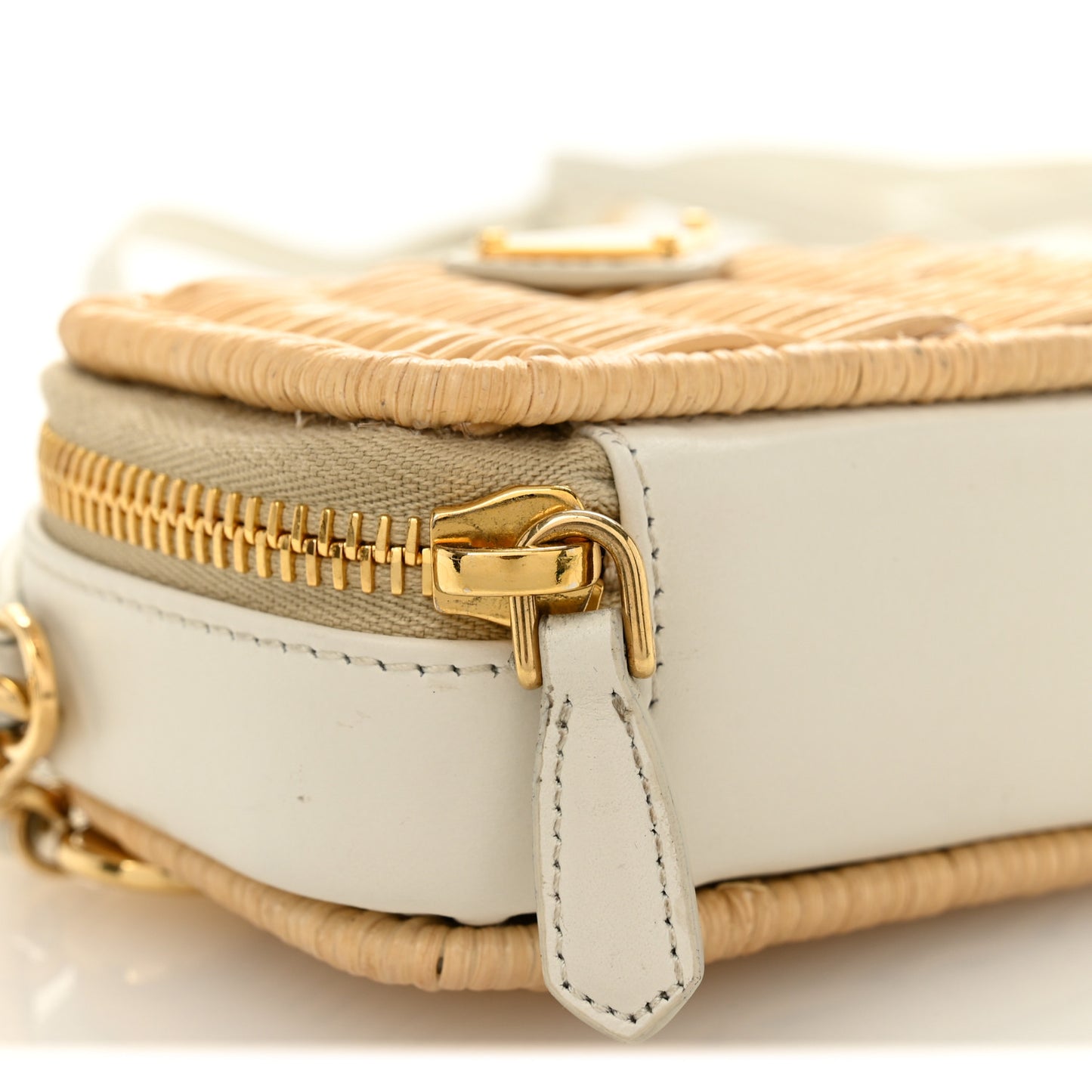 Wicker Calfskin Metal Triangle Logo Mini Pouch Shoulder Bag Tan White
