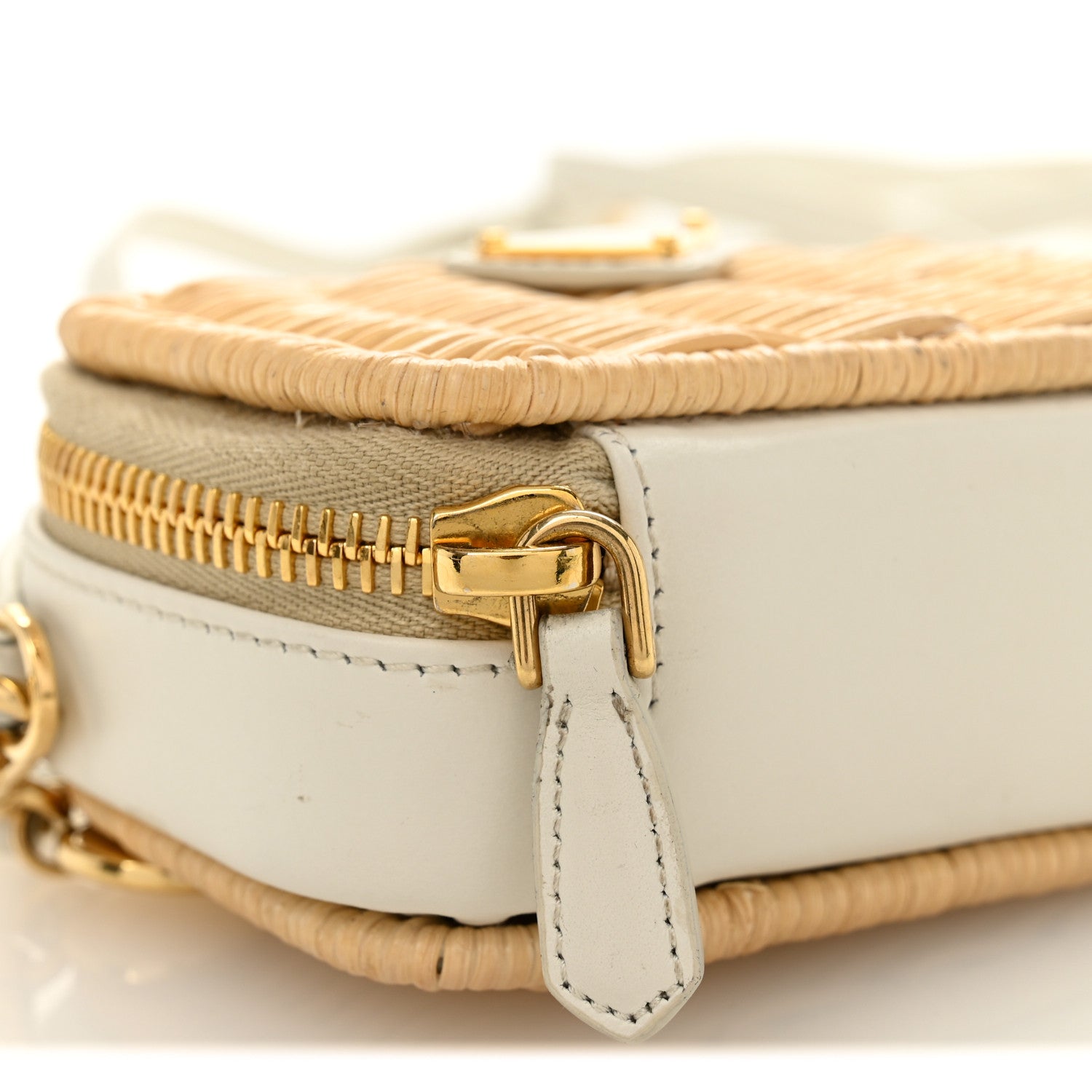 Prada Wicker Calfskin Metal Triangle Logo Mini Pouch Shoulder Bag Tan White 10 of 12