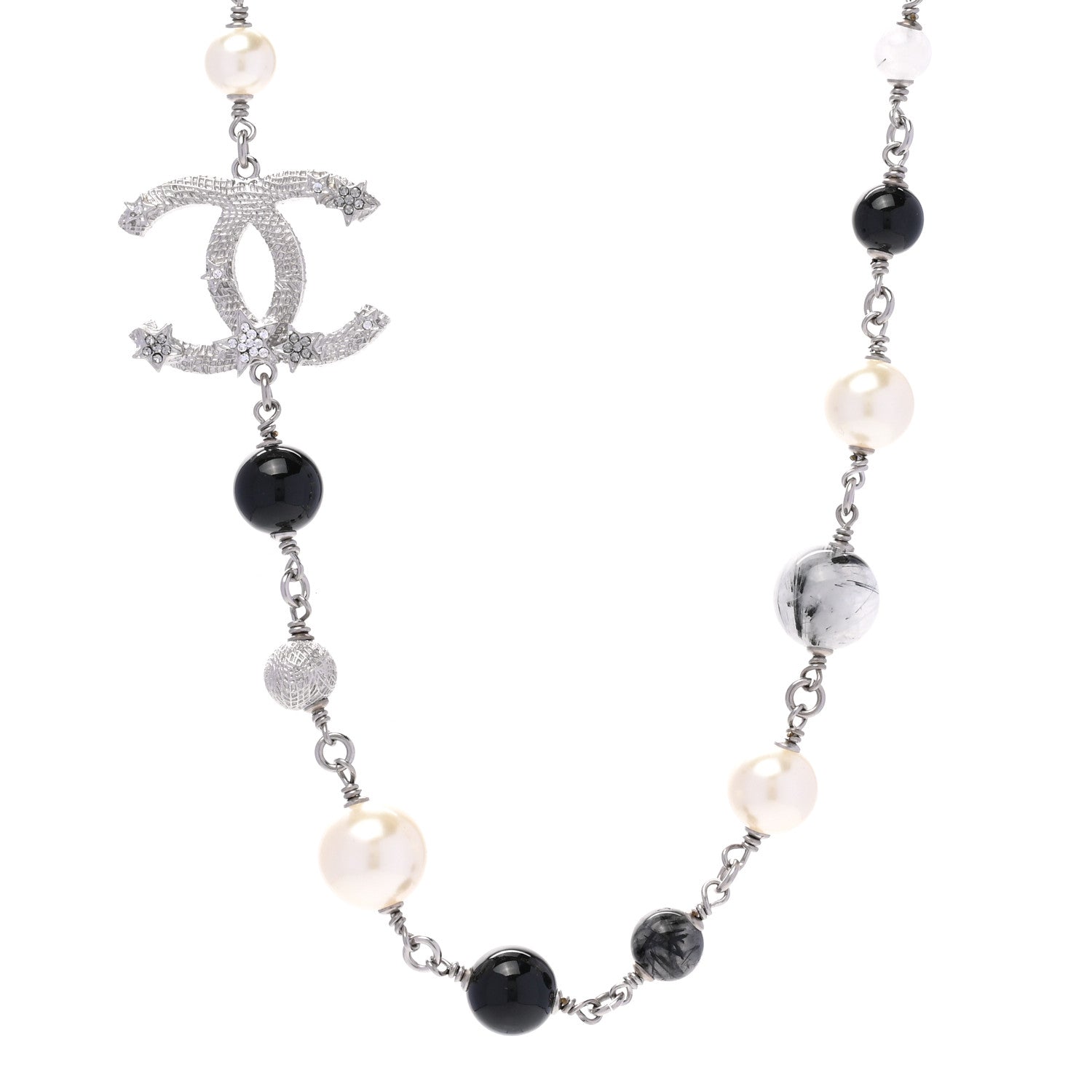 Chanel Crystal Pearl Beaded Star CC Short Necklace Silver Black 1 of 6