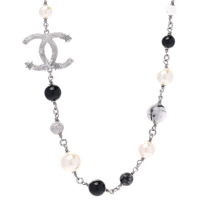 Chanel Crystal Pearl Beaded Star CC Short Necklace Silver Black 1 of 6