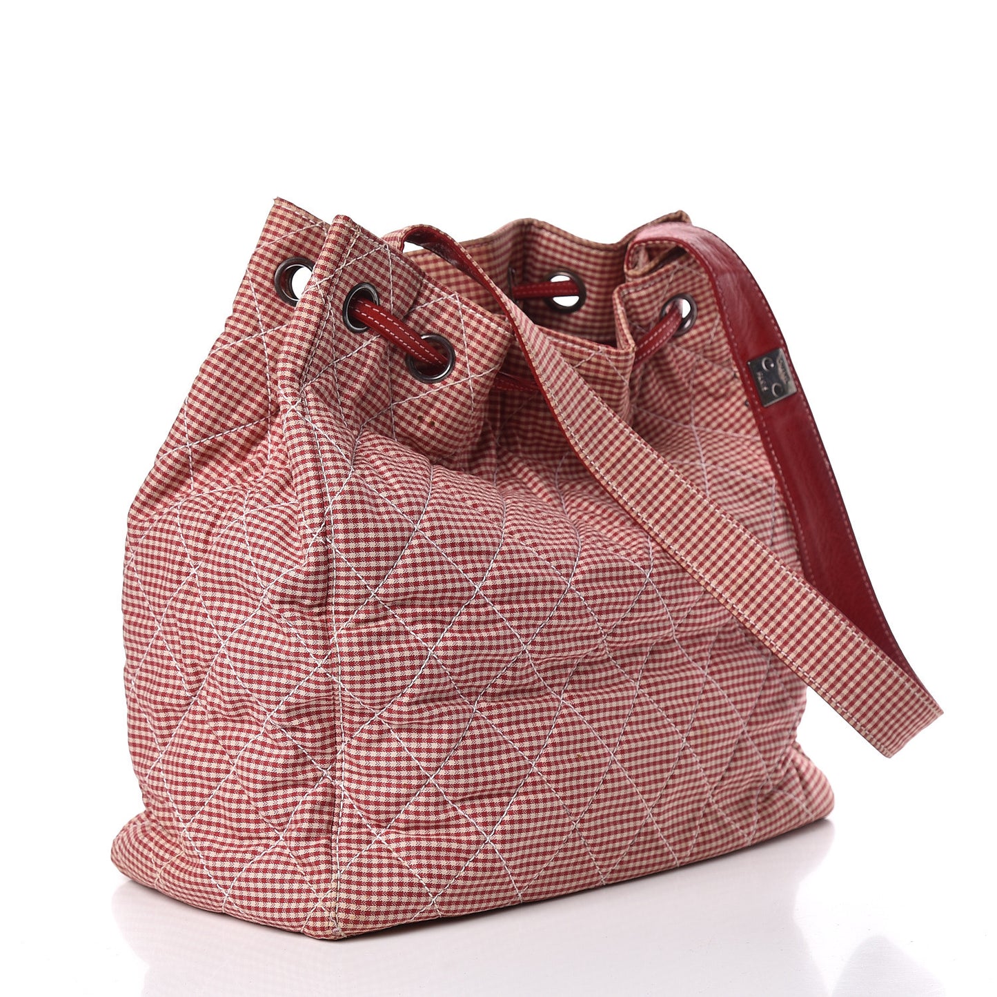 Toile Gingham Quilted Drawstring Bag Red