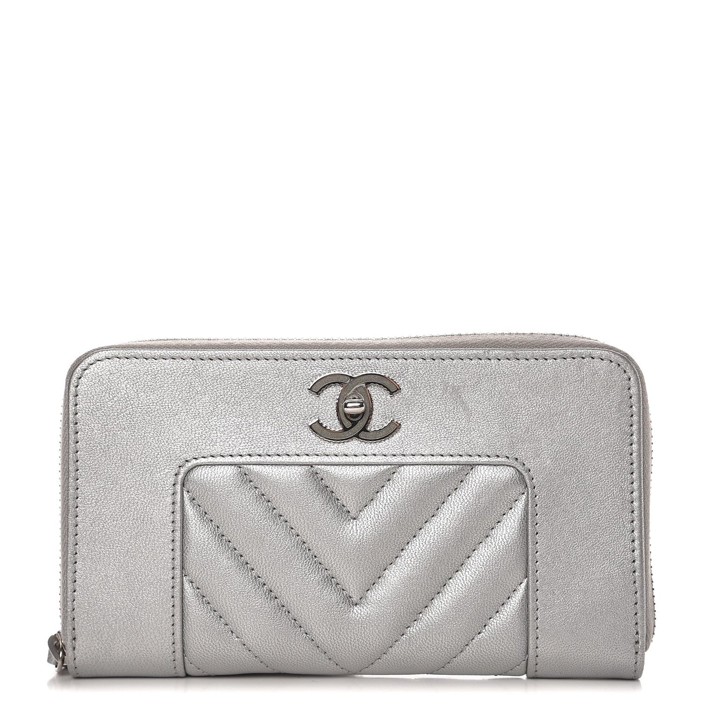 Metallic Sheepskin Chevron Quilted Medium Mademoiselle Vintage Zip Around Wallet Silver
