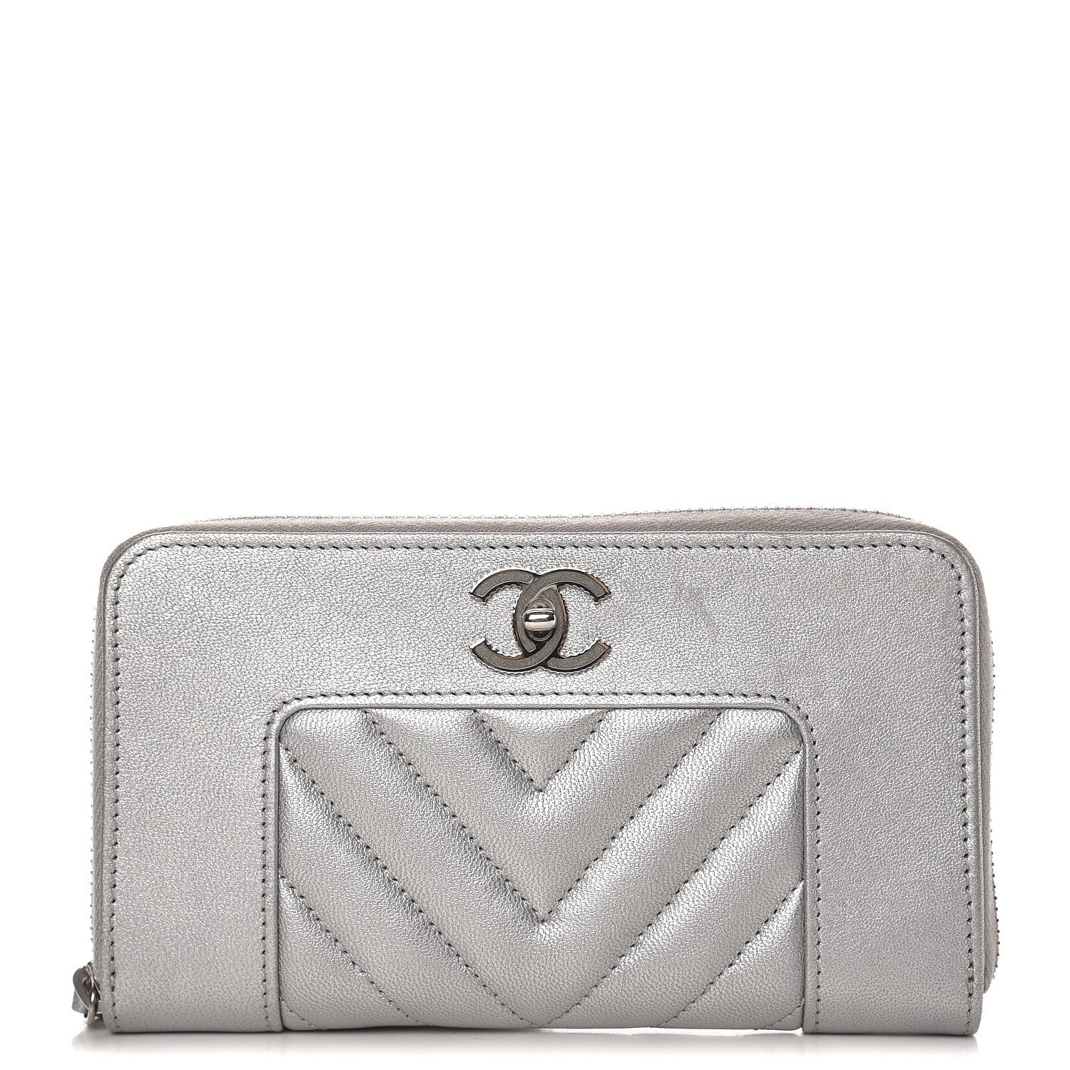 Chanel Metallic Sheepskin Chevron Quilted Medium Mademoiselle Vintage Zip Around Wallet Silver 1 of 9