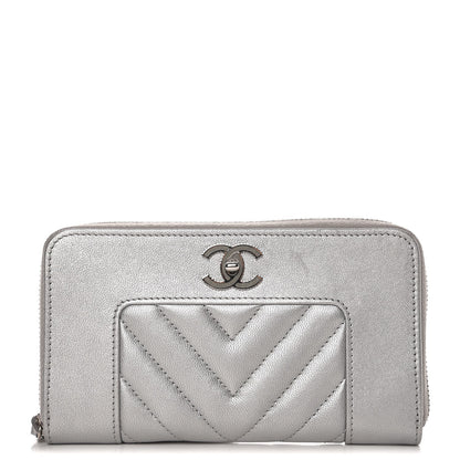 Chanel Metallic Sheepskin Chevron Quilted Medium Mademoiselle Vintage Zip Around Wallet Silver 1 of 9