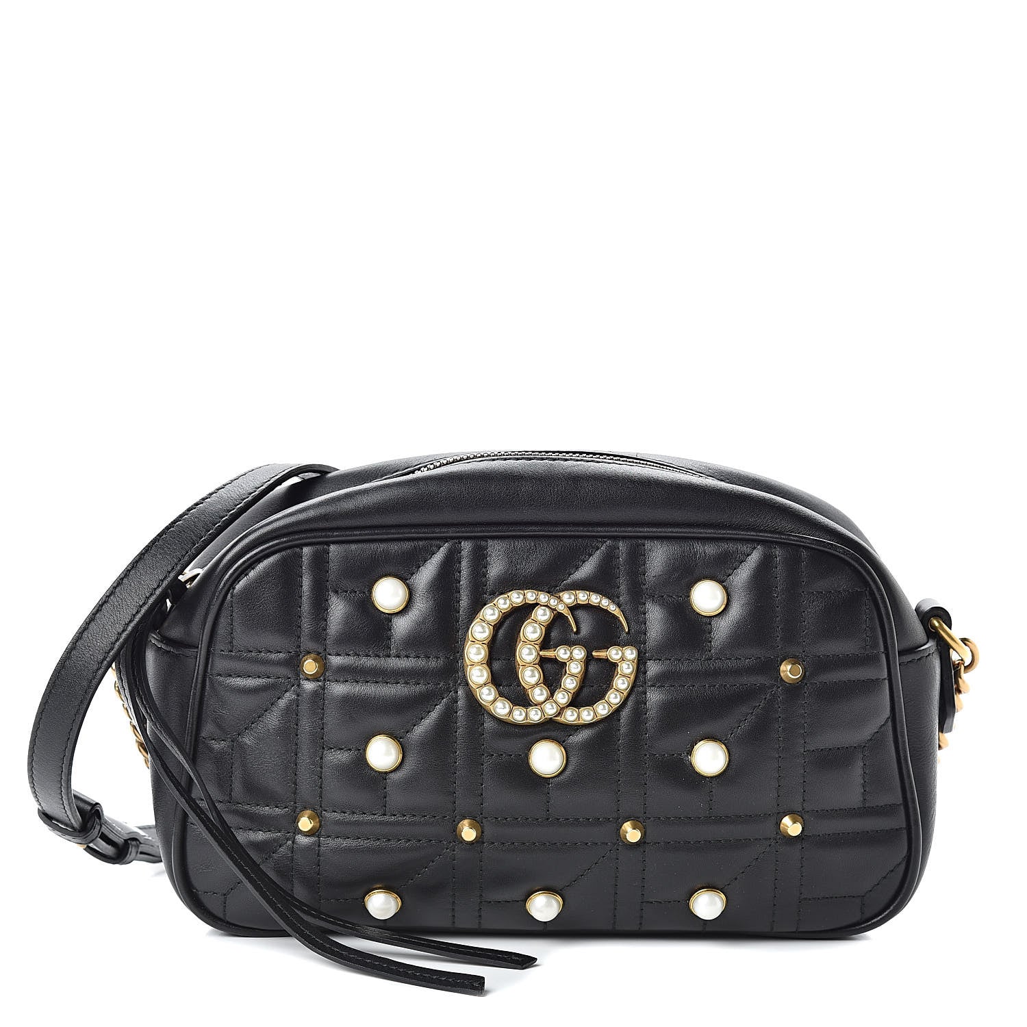 Gucci Calfskin Matelasse Studded Small Pearly GG Marmont Chain Shoulder Bag Black 1 of 13