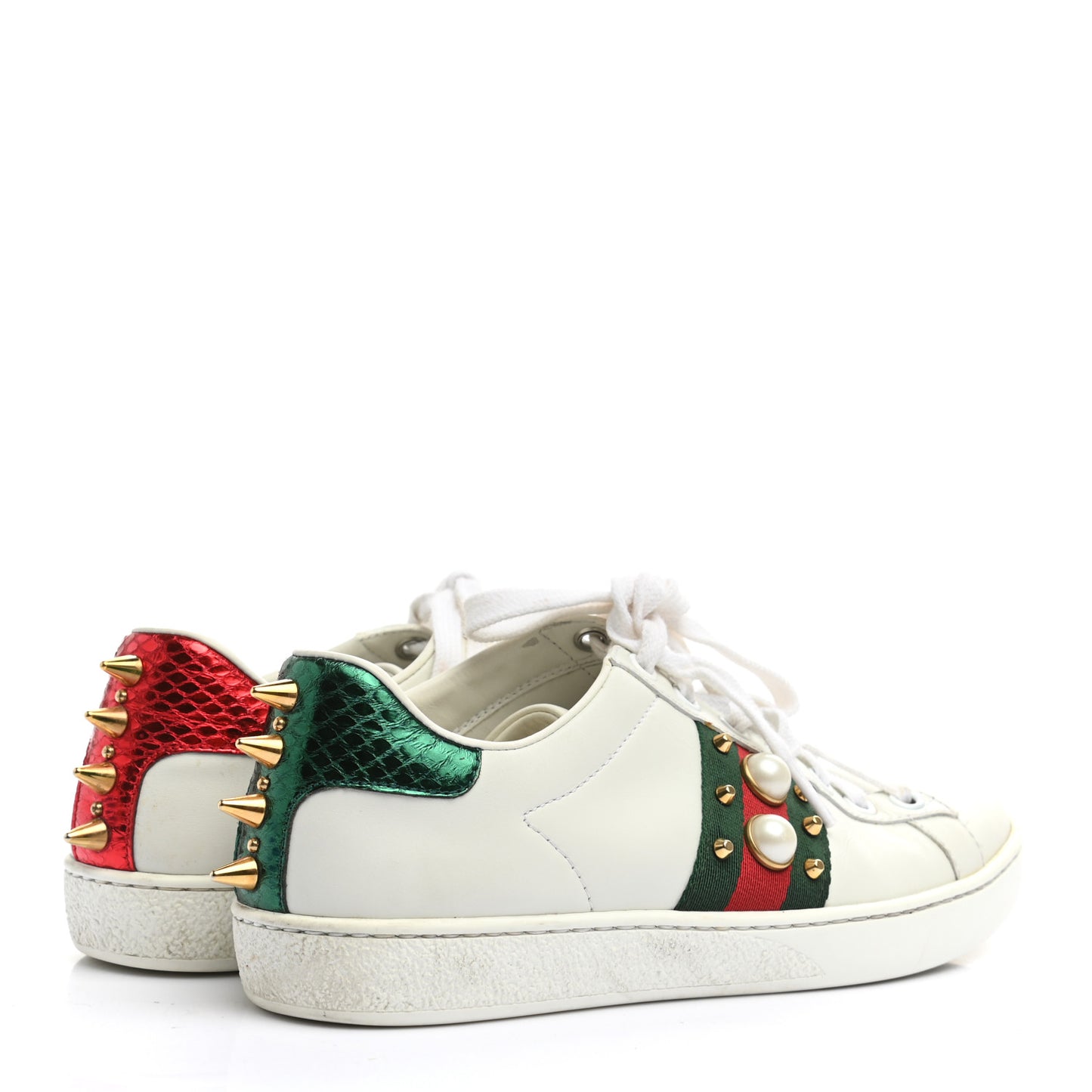 Calfskin Web Pearl Studded Womens Ace Sneakers 35 White