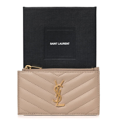 Saint Laurent Grain De Poudre Matelasse Chevron Monogram Fragments Zippered Card Case Nude Powder 9 of 9
