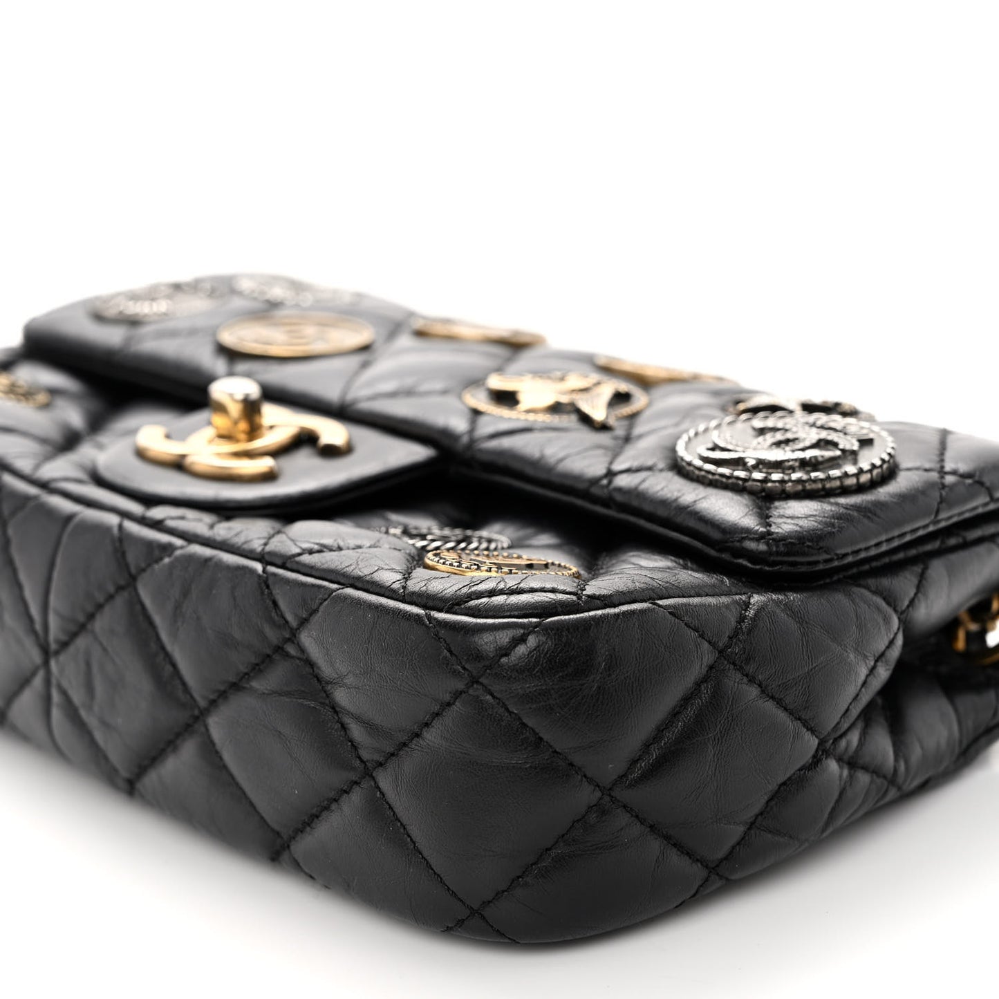 Aged Calfskin Quilted Mini Medallion Flap Black
