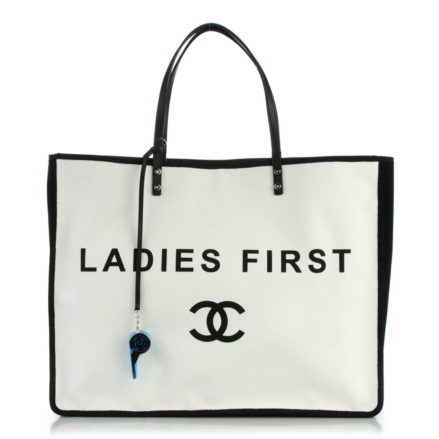 Canvas Calfskin Large Let's Demonstrate Tote White Black