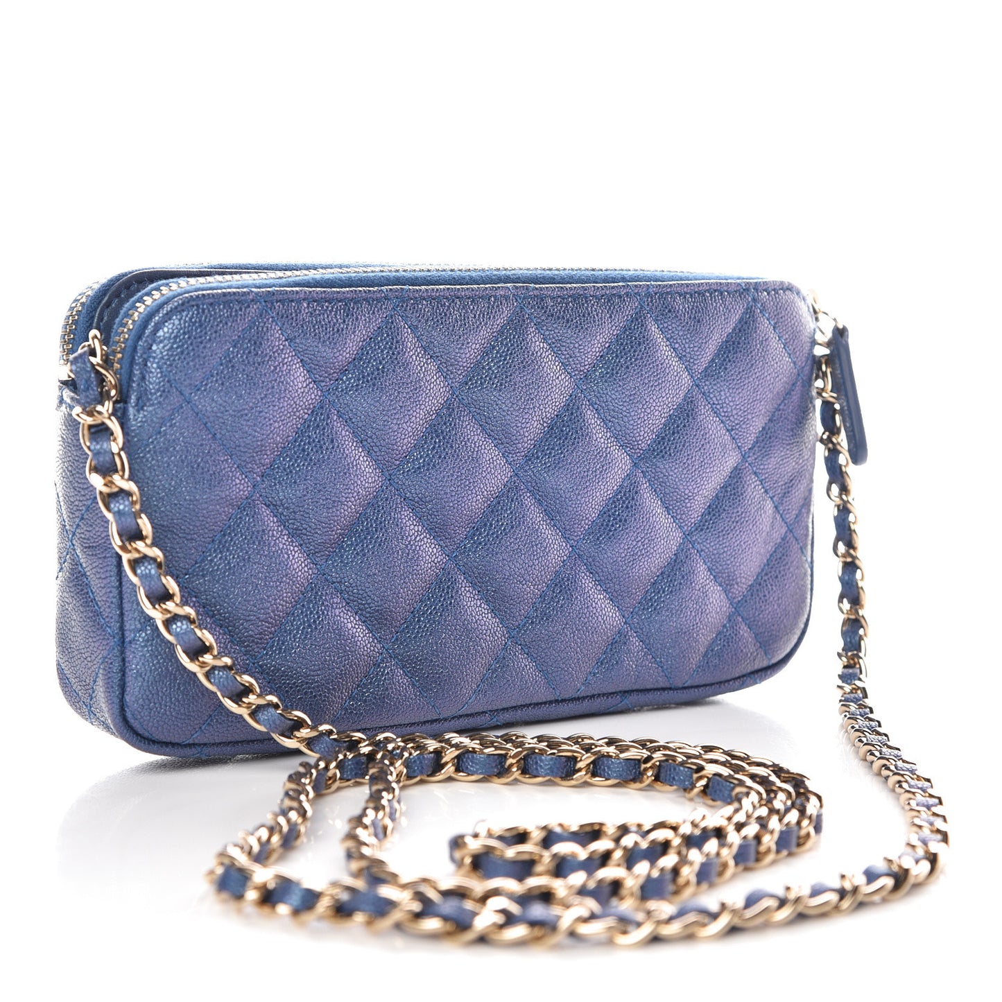 Iridescent Caviar Quilted Clutch With Chain Dark Blue