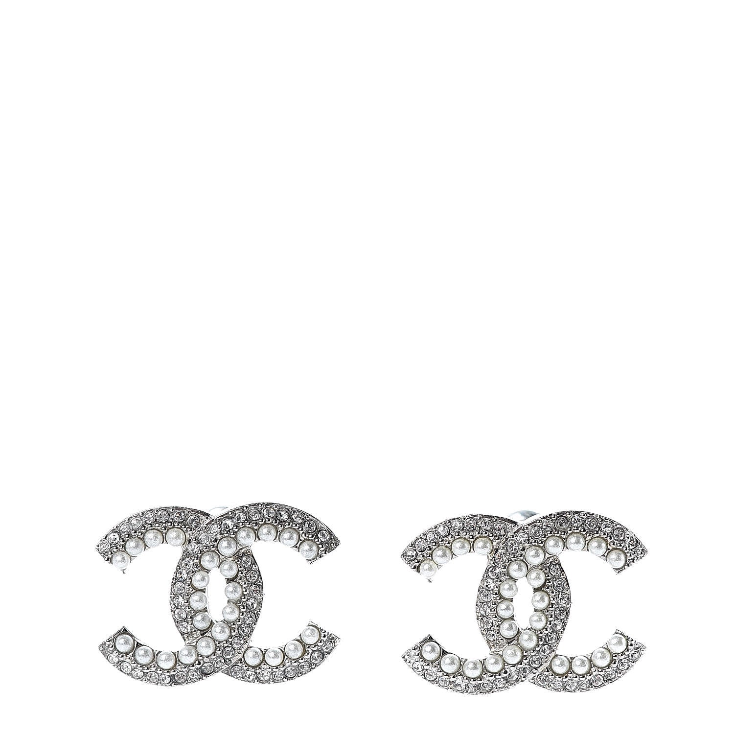 Chanel Pearl Crystal CC Snow Palace Earrings Silver 1 of 5