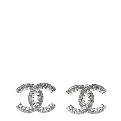 Chanel Pearl Crystal CC Snow Palace Earrings Silver 1 of 5