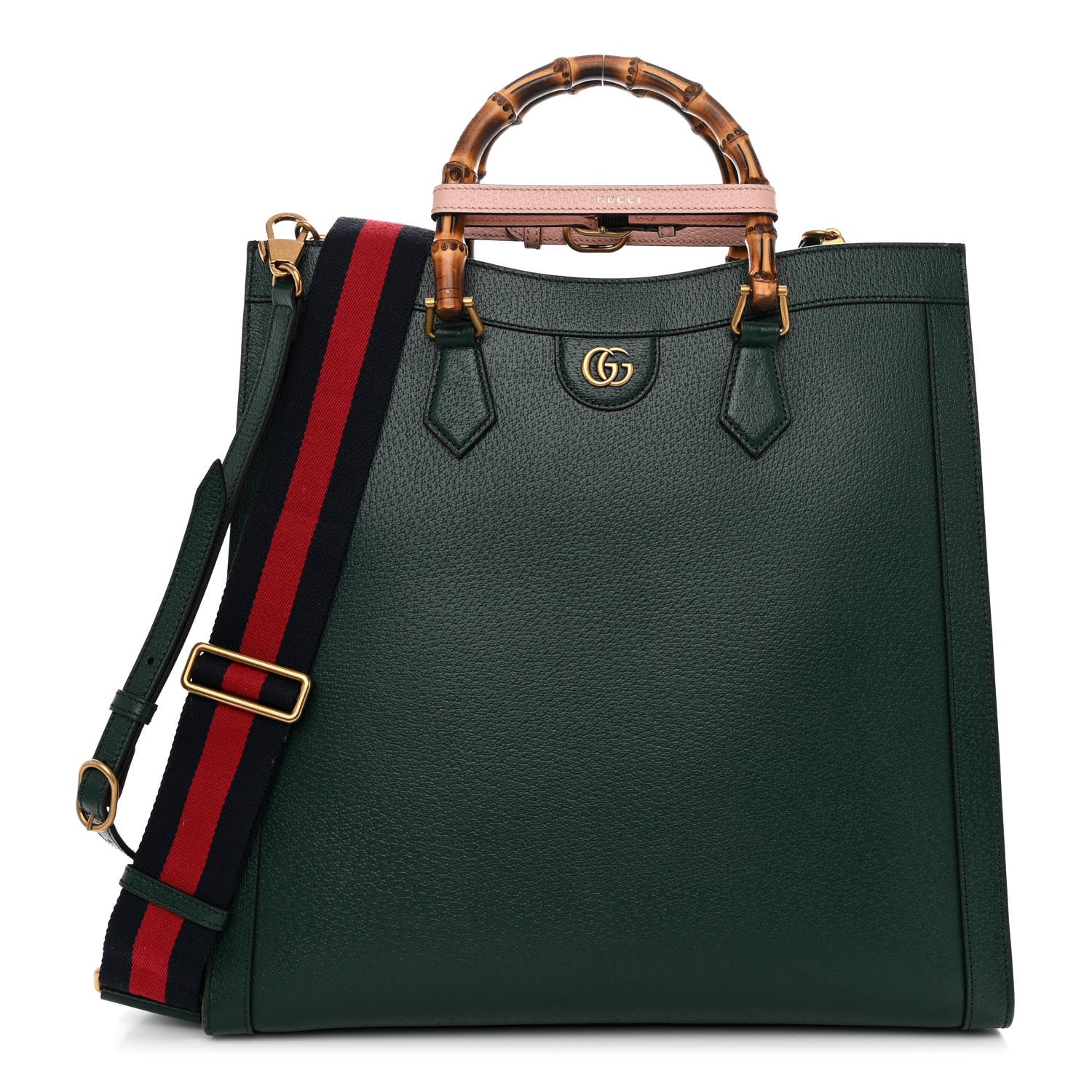 Gucci Textured Dollar Calfskin Web Large Diana Tote Bag Green Pink 1 of 11