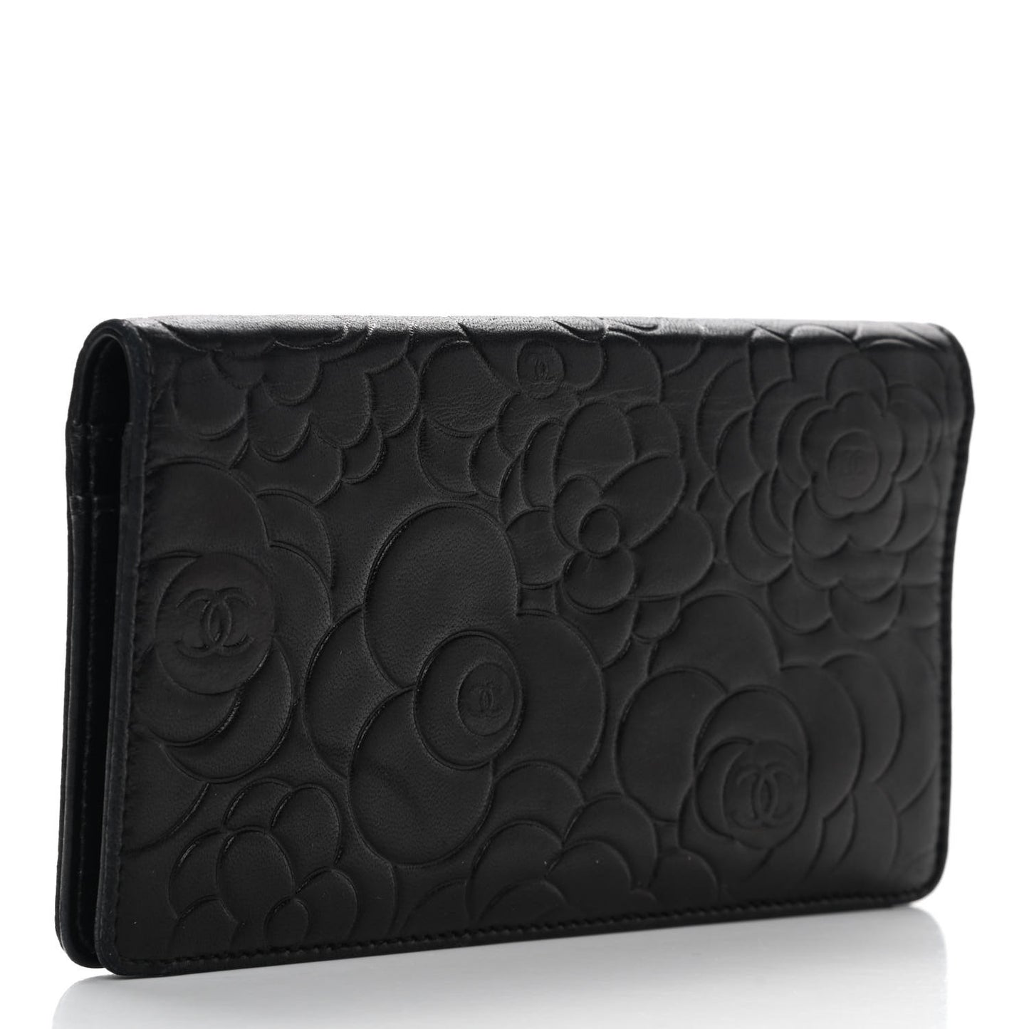 Lambskin Camellia Embossed Yen Wallet Black