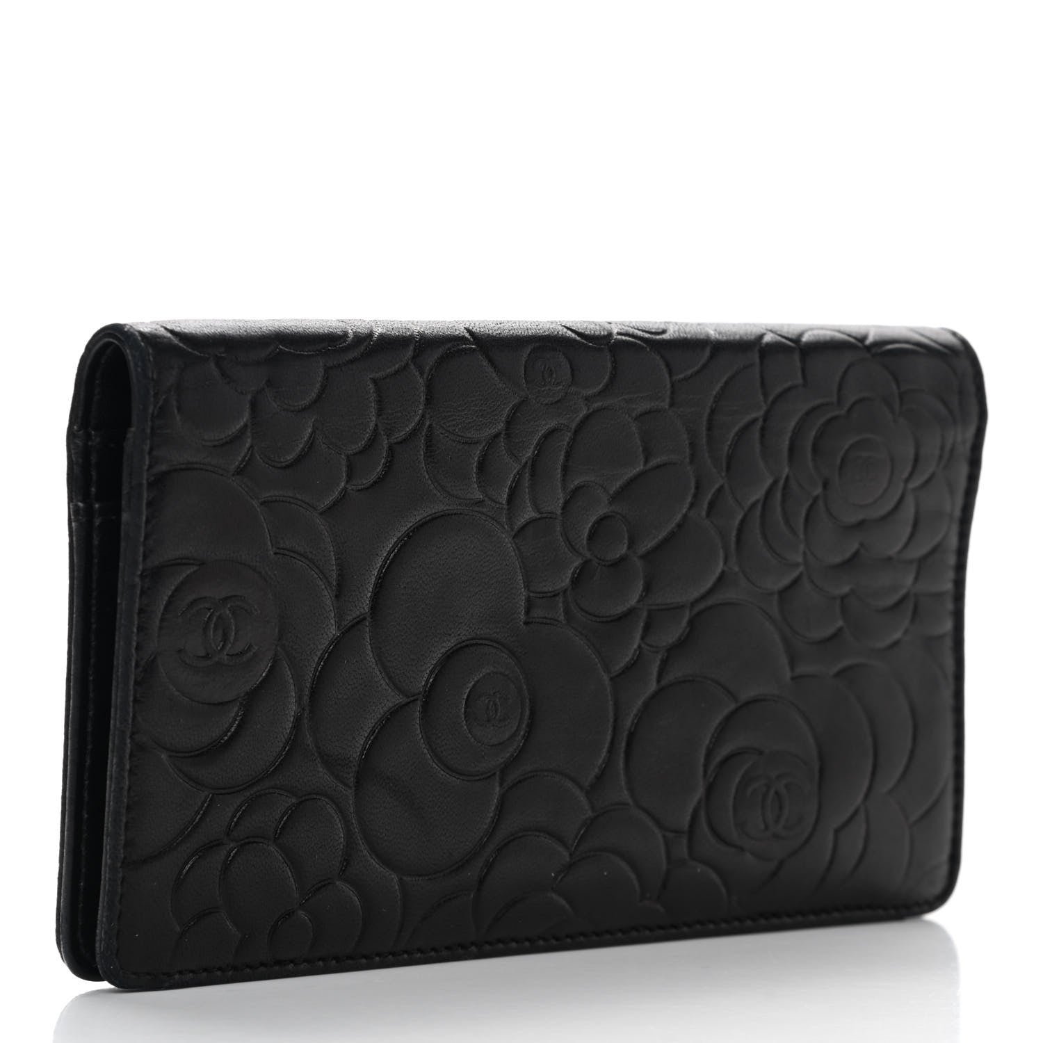 Chanel Lambskin Camellia Embossed Yen Wallet Black 3 of 11