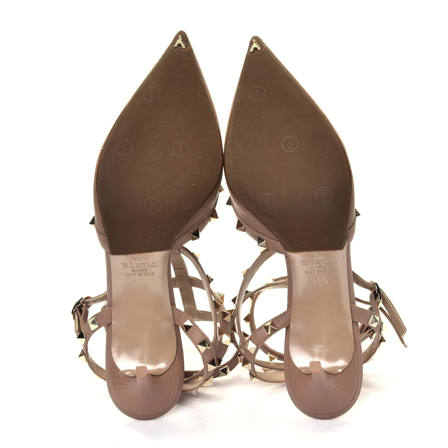 Pebbled Calfskin Rockstud Ankle Strap Low Heel Pumps 40.5 Poudre